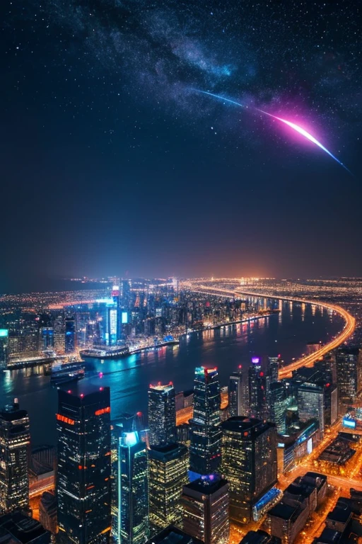 highest quality、Futuristic City、neon、Beautiful night view、colorful、Starry Sky、moon