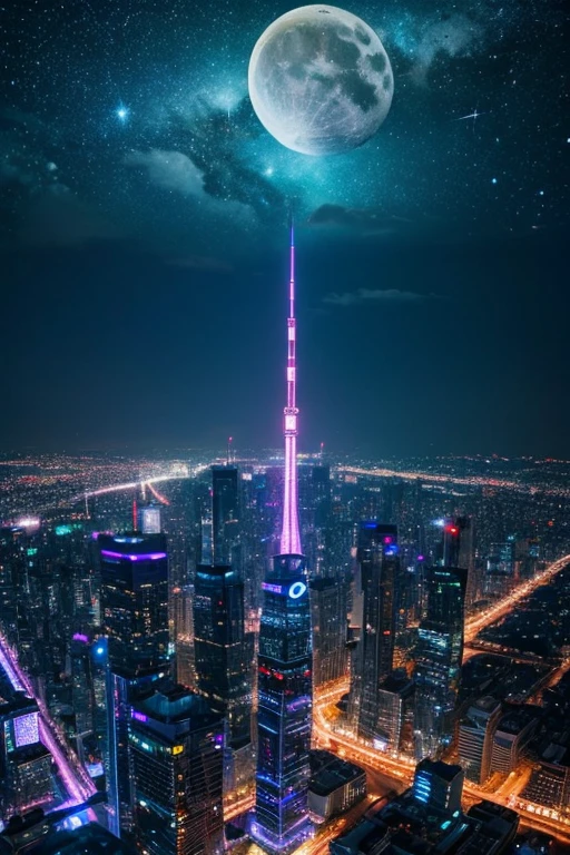 highest quality、Futuristic City、neon、Beautiful night view、colorful、Starry Sky、moon