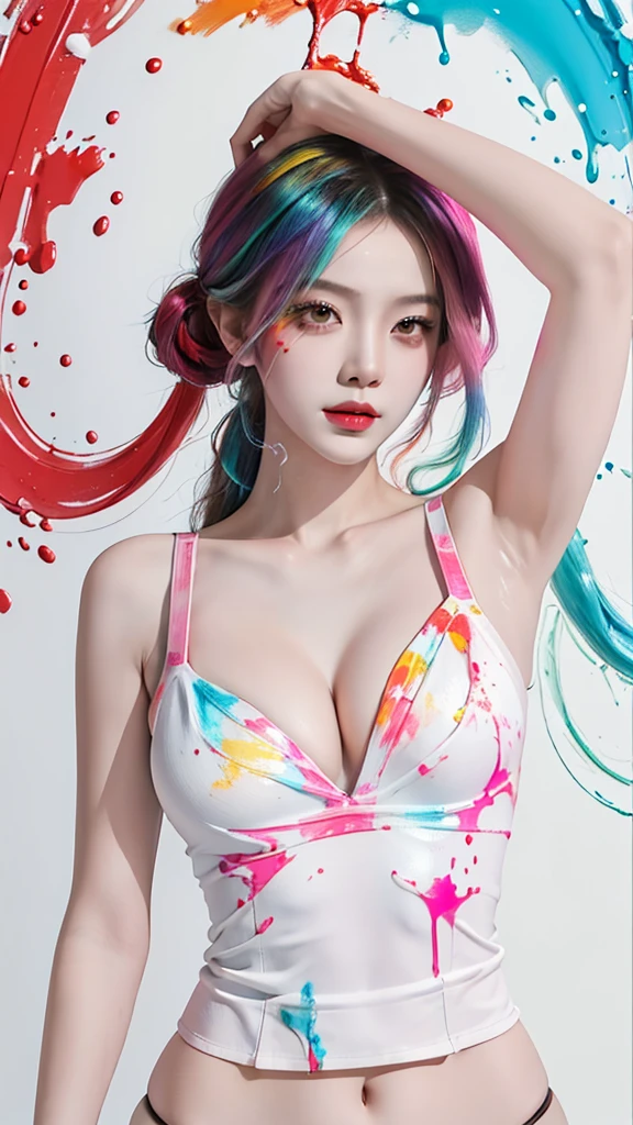(masterpiece, best quality, high resolution), White background, ((Paint splatter, Splash of Color, Ink splash, Splash of Color)), Sweet Chinese girl, Rainbow hair, Pink lips, Huge breasts:1.4，Full, straight breasts，Showing cleavage，Nipple protrusion，Belly button，Suspenders，大腿Suspenders，Red clothes，No thongs