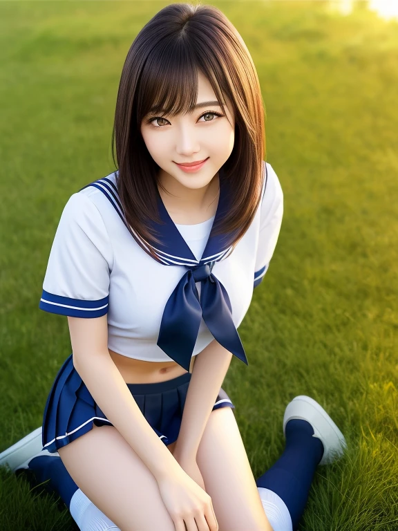 (highest quality:1.5)、(Realistic:1.5)、(1 person:1.5)、Very detailed、High resolution、8k、medium breasts、Natural color lips、Cute Smile、Japanese women、20-year-old girl、Beautiful and elegant face、Perfect and beautiful face、Balanced big eyes、Brunette eyes、Beautiful and elegant face、Natural double eyelids、Natural Bangs、Beautiful thin nose、Beautiful Skin、Medium Bob Hair、Natural Bangs、Perfect and beautiful face、Slim face and figure、Summer blue sky、Grass park on the mountain、Look at the viewers、School Sailor Uniform、White short-sleeved blouse shirt, navy pleated micro miniskirt,、Knee-high socks、Beautiful navel、Open the navel、臍が見えるSchool Sailor Uniformを着ている、High-angle composition、(Staring at the camera with a sweet smile)、Bright lighting、Professional Lighting、Forward lighting、Beautiful feet:1.2、Smooth Skin、Slim Body、Slim waistline、slim thin thighs、(Kneeling on the grass)、(Angle from the front)、
