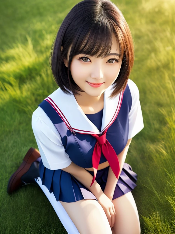 (highest quality:1.5)、(Realistic:1.5)、(1 person:1.5)、Very detailed、High resolution、8k、medium breasts、Natural color lips、Cute Smile、Japanese women、20-year-old girl、Beautiful and elegant face、Perfect and beautiful face、Balanced big eyes、Brunette eyes、Beautiful and elegant face、Natural double eyelids、Natural Bangs、Beautiful thin nose、Beautiful Skin、Medium Bob Hair、Natural Bangs、Perfect and beautiful face、Slim face and figure、Summer blue sky、Grass park on the mountain、Look at the viewers、School Sailor Uniform、White short-sleeved blouse shirt, navy pleated micro miniskirt,、Knee-high socks、Beautiful navel、Open the navel、臍が見えるSchool Sailor Uniformを着ている、High-angle composition、(Staring at the camera with a sweet smile)、Bright lighting、Professional Lighting、Forward lighting、Beautiful feet:1.2、Smooth Skin、Slim Body、Slim waistline、slim thin thighs、(Kneeling on the grass)、(Angle from the front)、