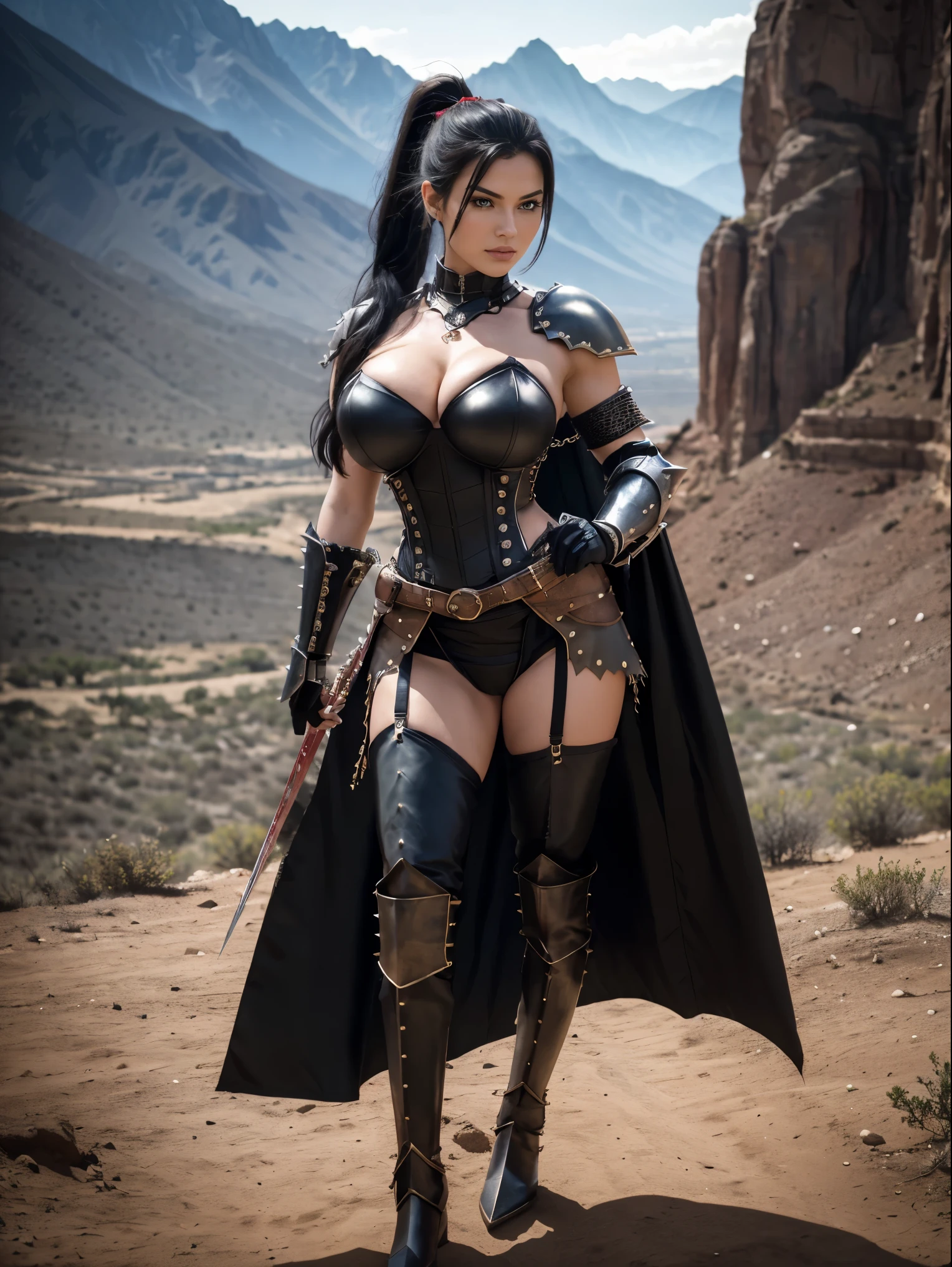 (masterpiece, top quality, best quality, official art, beautiful and aesthetic:1.2), (1girl:1.3), ((Sharp facial features, sharp features, hawkish features)), ((big hair, long black hair, ponytail)), big tiddy chaos warrior girl, extremely detailed, portrait, looking at viewer, solo, (full body:0.6), detailed background, full-body shot, (hot desert mountain theme:1.1), chaos warrior, (spiky helmet), charlatan, smirk, mysterious, swaying in mountains, armor, red metal, brass trim, long boots, dual axes, blood red fabric, pelvic curtain, loincloth, black leather, ((((heavy armor, blood, armored, gigantic breasts, long legs, pelvic curtain, toned, muscular)))), cute belly button, toned tummy, slim waist, slim hips, long legs, medieval (mountain exterior:1.1) background, dark mysterious lighting, shadows, magical atmosphere, dutch angle