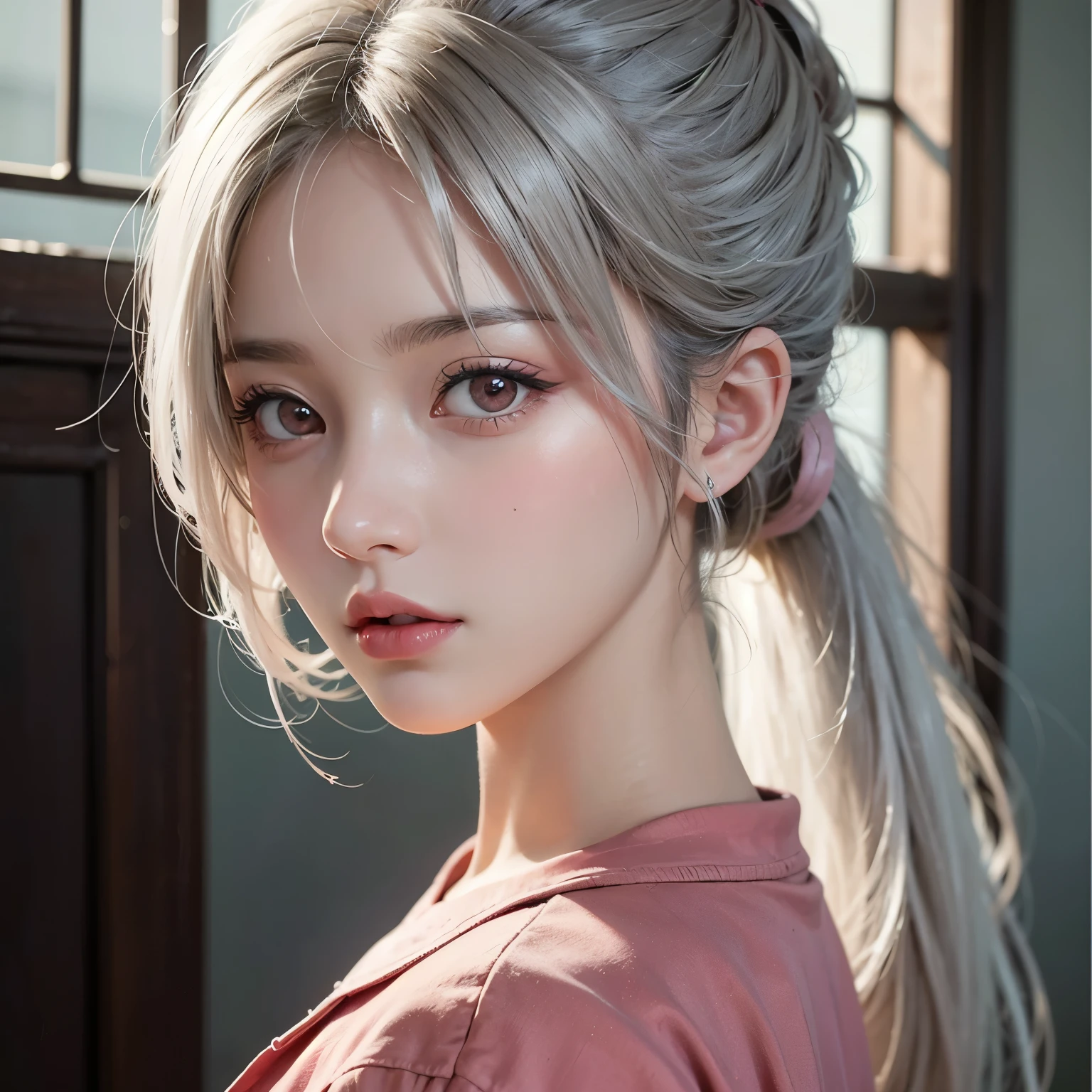 ((best quality)), ((masterpiece)), (detailed), perfect face. White hair. Ponytail. Anime girl. Asian girl. Pink eyes. Ulzzang.