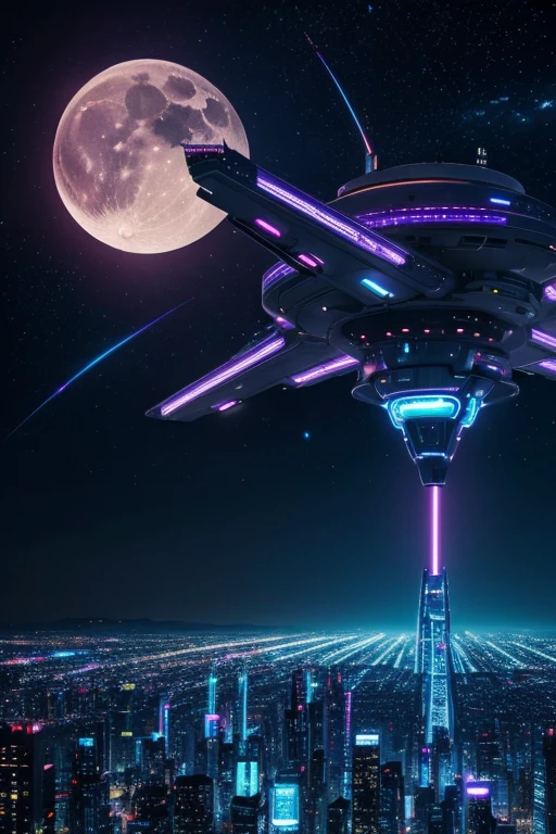 highest quality、Futuristic City、neon、Beautiful night view、colorful、Starry Sky、moon