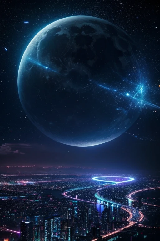 highest quality、Futuristic City、neon、Beautiful night view、colorful、Starry Sky、moon