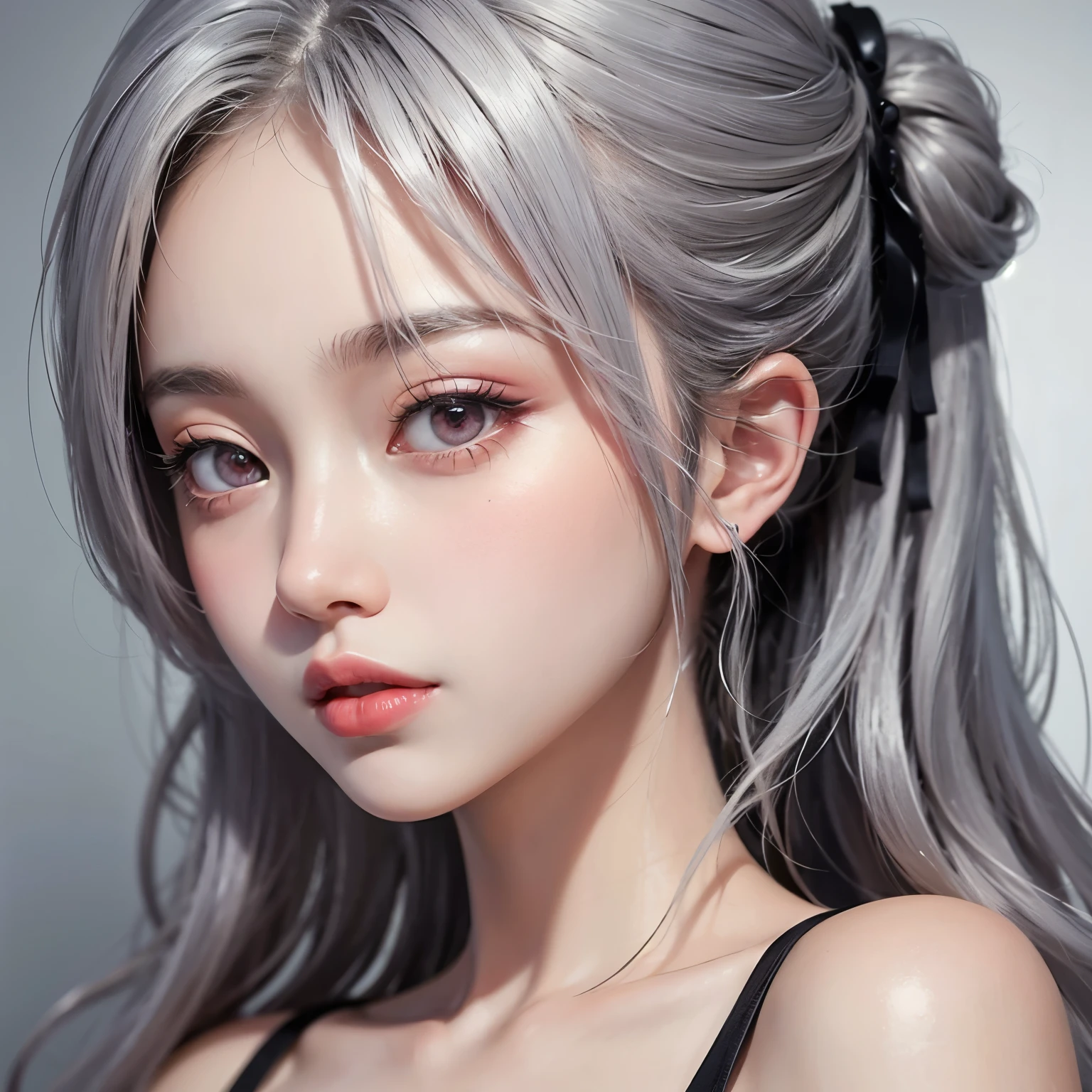 ((best quality)), ((masterpiece)), (detailed), perfect face. White hair. Ponytail. Anime girl. Asian girl. Pink eyes. Ulzzang.