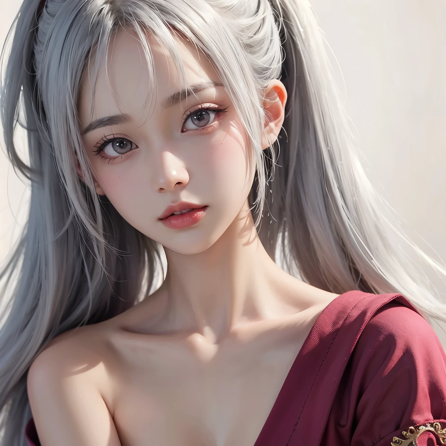 ((best quality)), ((masterpiece)), (detailed), perfect face. White hair. Ponytail. Anime girl. Asian girl. Pink eyes. Ulzzang.