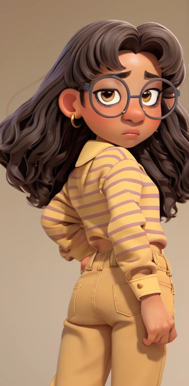 curly brown and gray hair, glasses with round frames, dark eyebrows, brown eyes, pink lips, yellow and white striped shirt with zipper, golden earrings, slight frown, brown skin, yellow jeans, back view 