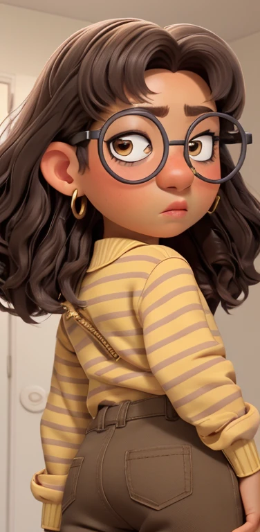 curly brown and gray hair, glasses with round frames, dark eyebrows, brown eyes, pink lips, yellow and white striped shirt with zipper, golden earrings, slight frown, brown skin, yellow jeans, back view 