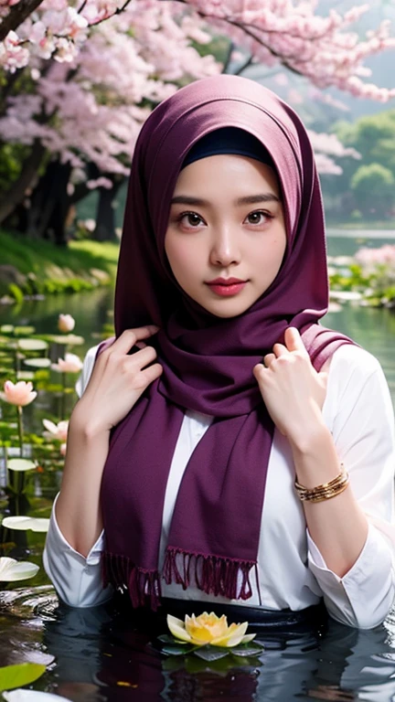 a gorgeous indonesian hijab girl in a misty mountains and lotus pond, cherry blossoms, perfect face, scarf, necklace, bracelet, detailed detail, real skin texture, best quality, ultra sharp, 