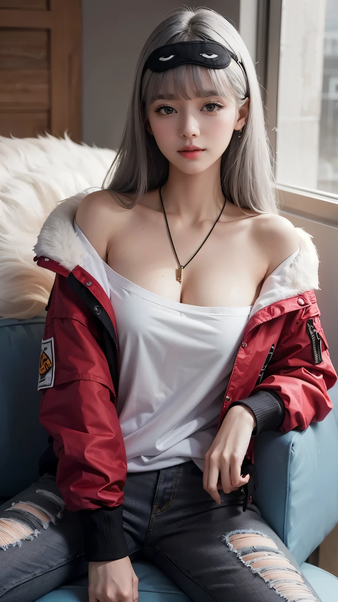 (masterpiece), (best quality), (ultra detailed),(illustration), (1girl),looking at viewer, (interview),beautiful detailed eyes, delicate beautiful face, Floating,(high saturation),(shining), large breast, frimadef, grey hair, white shirt, red jacket, fur trim, open clothes, off shoulder, black pants, torn pants, necklace, sleep mask, smiled