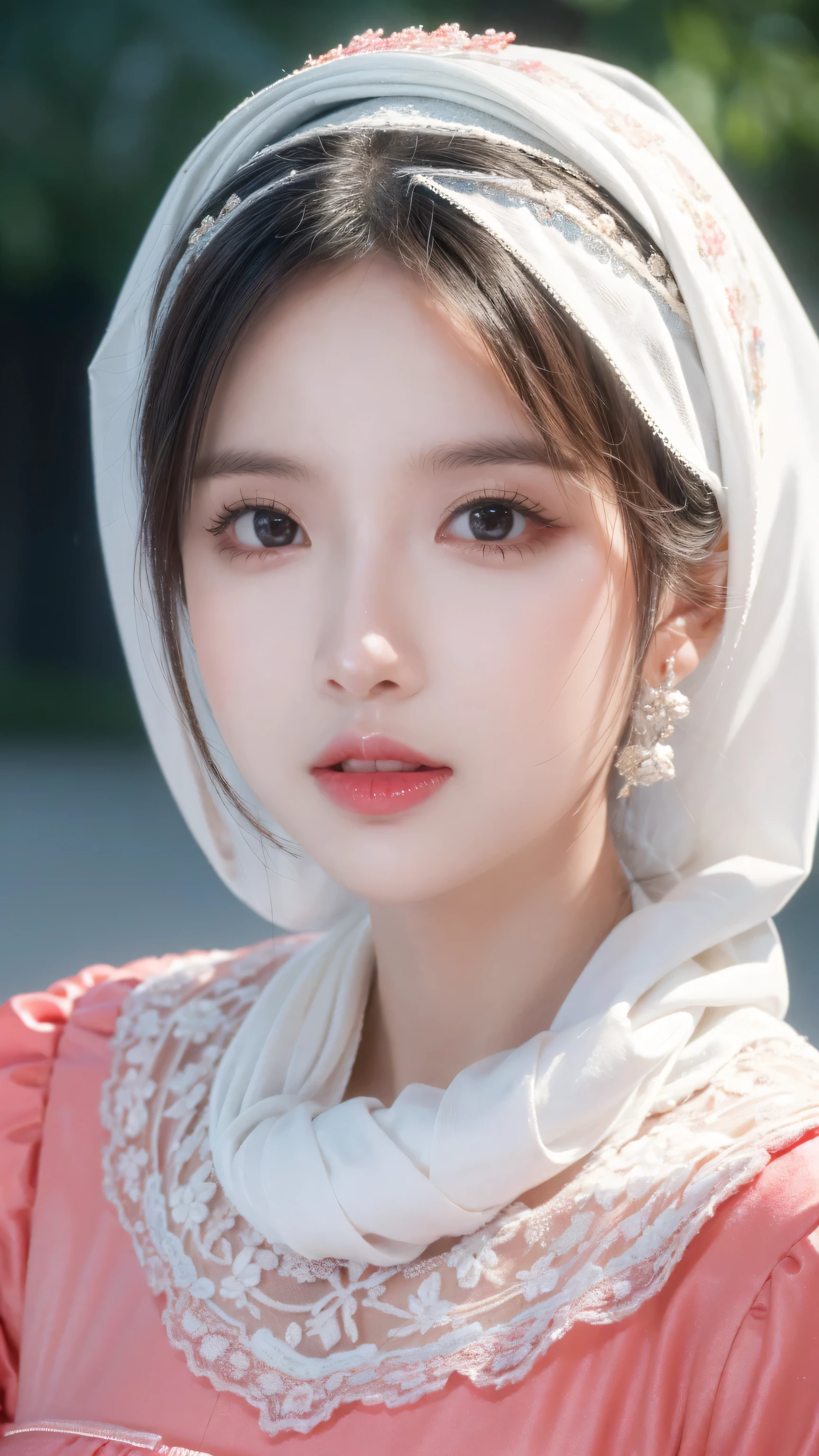 .masterpiece:1.2, best quality), Practical, (real picture, Intricate details, Depth of Field), (1 Girl, Solitary), cosmetics, Open your mouth, Very detailed, Perfect face, (Dentate skin), glossy coral lip, (A girl wearing a headscarf, Islamic dress), blush, Raden's Baal (Thunder and lightning) From genshin impact,High detail hands,