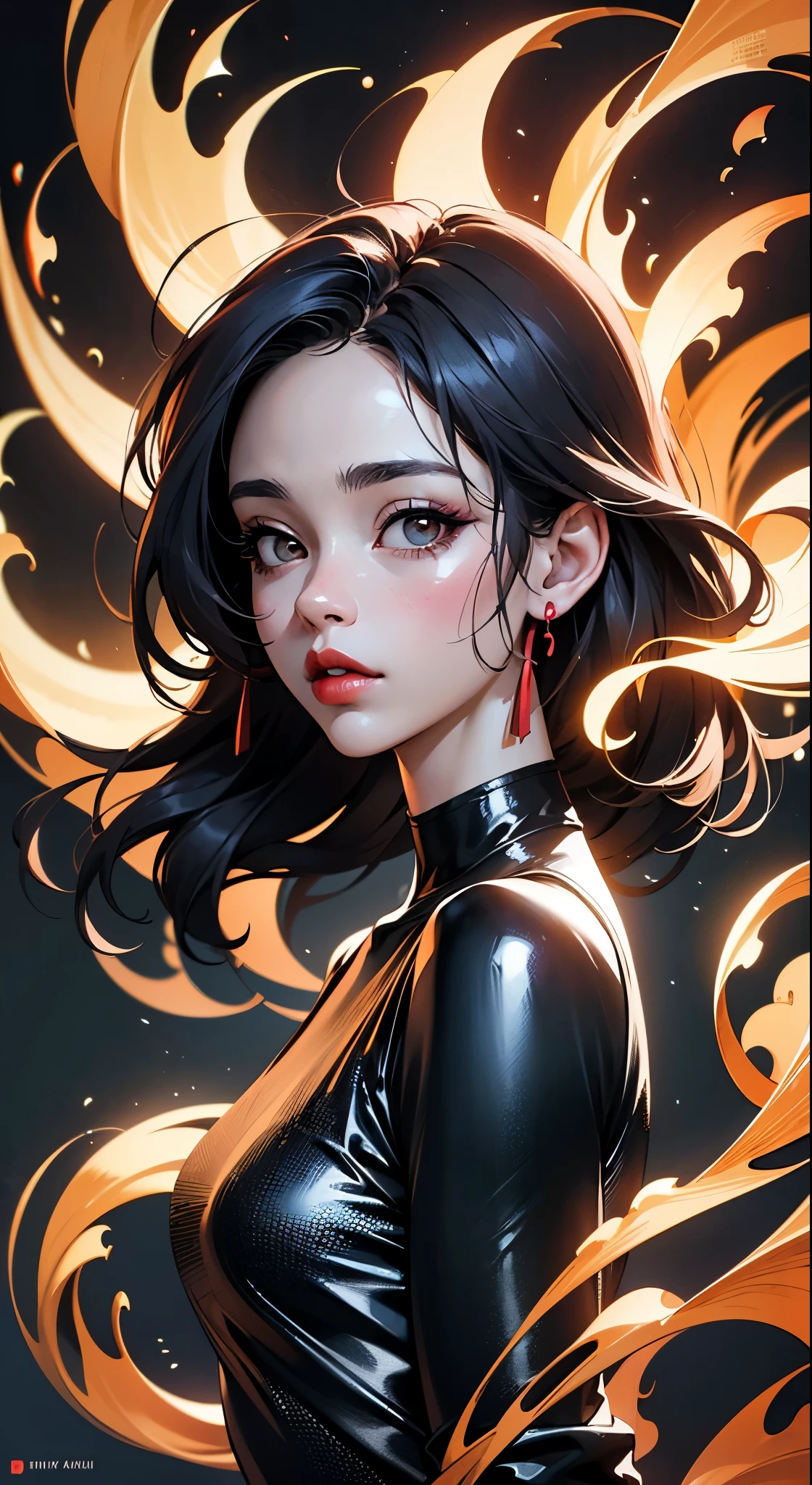 masterpiece, best quality, ultra high res, beautiful, elegant, graceful, award-winning art, 1girl , portrait, (style of Yuko Shimizu:1.1), (abstract art:1.2), red lips, silent in chaoodel pose in fashion show, style of rebecca guay, black hair, red fire , cloaked in flames, dark theme, visually stunning, gorgeous