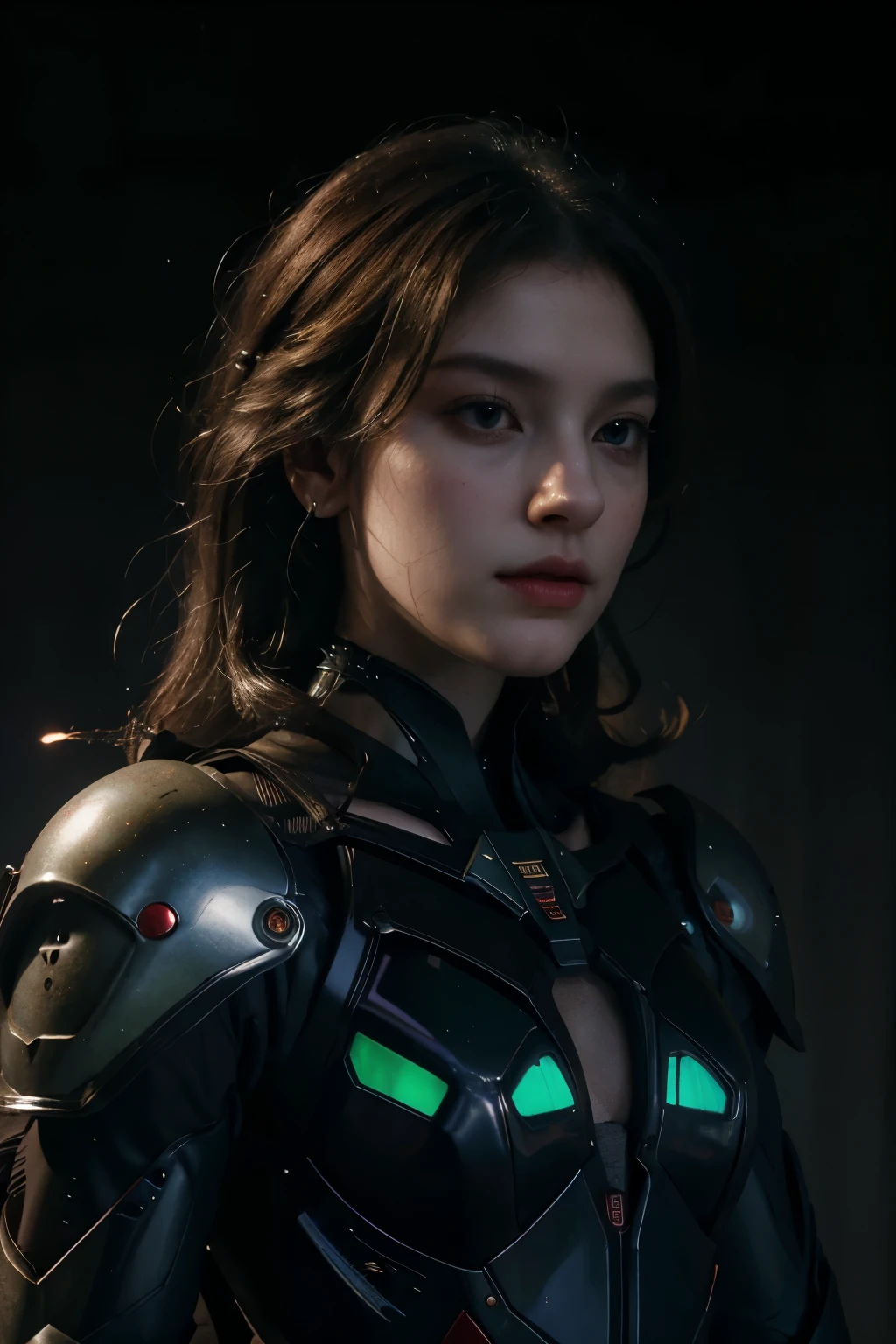 (realistic:1.2) HD, High quality, Cinematic lighting, wide angle, (shallow focus:1.3), Caravaggio, Chiaroscuro, Gundam style. Dark, cosmic horror, psychedelic. Ancients, Gods, Esoteric, ominous Alien. Beautiful and Elegant Goddess, very Clear dragonfly wings. Fantastic grey hair. Black, Red, and Royal Green Military-styled multilayered bio-mechanical paneled armor. Subtle red and yellow neon light emanates from beneath some of her biomechanical parts. Atmospheric (glowing:1.2), nebulous, hazy, dark misty atmospheric background,