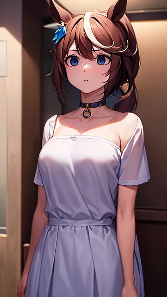 1 girl,Browsing Caution,(((Large Machine-Made Choker))),(Horse Girl), hair ornaments, high,Huge breasts, clavicle,Absurd, brainwashing,Hollow Eyes, ((Expressionless,Emotional erasure)),whole body像,((stand up, Standing still)), (highest quality、4K、8k、High resolution、Must have:1.2)、Very detailed、(reality、It is realistic.、Realistic:1.37)、Ticker、Hyper HD、Studio Lighting、Ultra High Definition Paint、Sharp focus、Physically Based Rendering、Extreme Detail、Professional specifications、Vibrancy and color、Blurred、Sports portrait、landscape、Horror Style、Anime Big Tits、SF、photograph、Concept Artist、Five Fingers, Perfect body,  {{{masterpiece}}}, {{{highest quality}}}, {{Very detailed}}, {shape}, {{Very delicate and beautiful}},Improved cost performance、All Roles、Canon 5D MK4でphotograph、photograph, whole body、White background、Horse ears、Expressionless、straight eyebrows、Expressionless、straight eyebrows、Expressionless、Hypnosis App、Stand still、@_@、Expressionless、brainwashing、Hypnosis、Lower your arms、Lower your arms、Lower your arms、Chin lift、Chin lift、Chin lift、Drooling、Drooling、Drooling、Night Classroom、ponytail