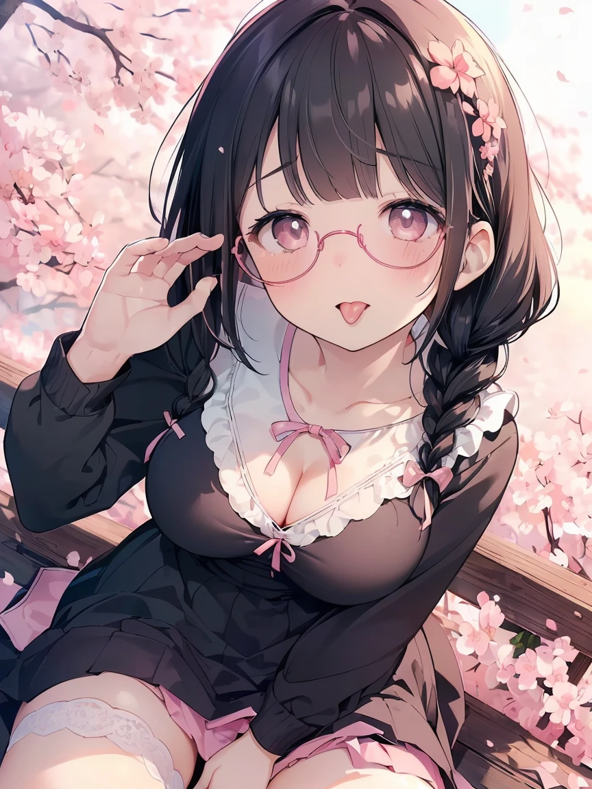 Very detailed, highest quality, High resolution, Moe Anime, ((A cute elementary school girl with black hair and droopy eyes)), ((Wearing large round glasses:1.4)), (Baby Face), Cute eyes, Detailed eye depiction, Sparkle in the eyes, View your viewers, Pale skin, (Big eyes:1.4, Droopy eyes:1.4, Fatty face:1.4), smile, Focus on the face, In the park with cherry blossoms falling, Sitting, (Extreme close up of tongue), (((From above))), Open your mouth, (((Face only:1.3))), ((Pink lace lingerie)), Bright Eyes, Light from the front, (Put your hands between your legs:1.4), large and long tongue, Cleavage, Braided hairstyle, Pink ribbon