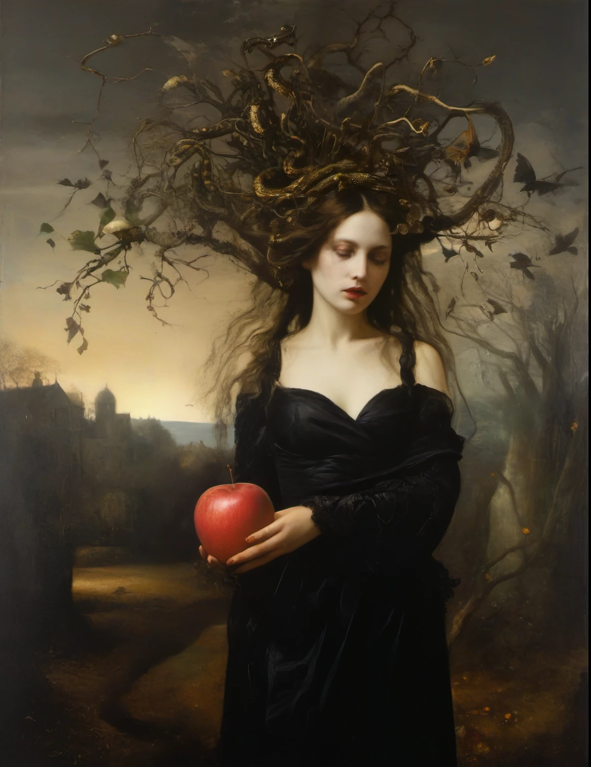 James Gurney, Surrealist art , dream-like, Mysterious, Provocative, symbolic, Complex, detailed,, (Gothic but very beautiful:1.4), (masterpiece, highest quality:1.4) , Nicola Samori Style, Eve, an apple, a snake , a tree