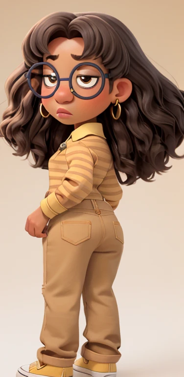 curly brown and gray hair, glasses with round frames, dark eyebrows, brown eyes, pink lips, yellow and white striped shirt with zipper, golden earrings, slight frown, brown skin, yellow jeans, back view, full body view 