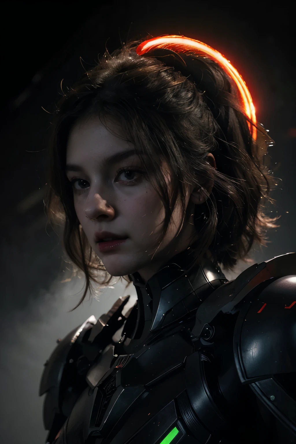 (realistic:1.2) HD, High quality, Cinematic lighting, wide angle, (shallow focus:1.3), Caravaggio, Chiaroscuro, Gundam style. Dark, cosmic horror, psychedelic. Ancients, Gods, Esoteric, ominous Alien. Beautiful and Elegant Goddess, very Clear dragonfly wings. Fantastic grey hair. Black, Red, and Royal Green Military-styled multilayered bio-mechanical paneled armor. Subtle red and yellow neon light emanates from beneath some of her biomechanical parts. Atmospheric (glowing:1.2), nebulous, hazy, dark misty atmospheric background,