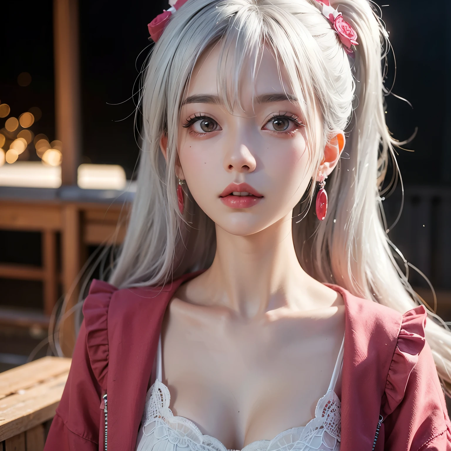 ((best quality)), ((masterpiece)), (detailed), perfect face. White hair. Ponytail. Anime girl. Asian girl. Pink eyes. Ulzzang.