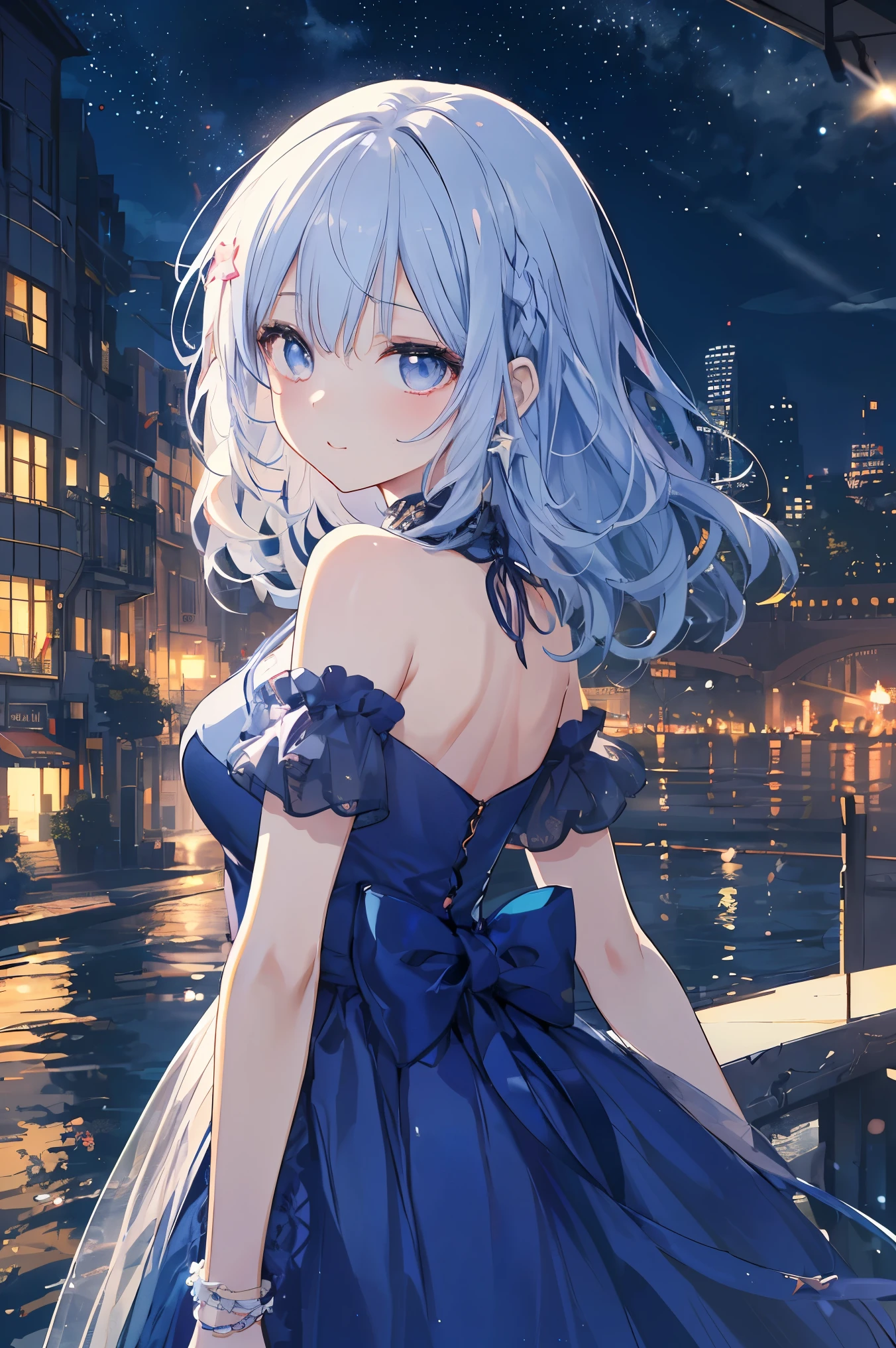 Absurd, High resolution, (Anime Style:1.1), ((Tabletop)), ((highest quality)), (Very detailed), (beautiful), solo, beautiful face、(lift),12 years old、beautiful Fine Star々、Cute girl in cute clothes standing on high hill、私はとてもbeautifulです, Delicate and detailed urban night view、One Girl、beautiful colorful hair, Colorful eyes,View your viewers,Lens flare,dramatic, From the back、Whole Body Ezbian、Low angle、(Neon Light、Accessories for girls who shine with reflection:1.3)、Laughter