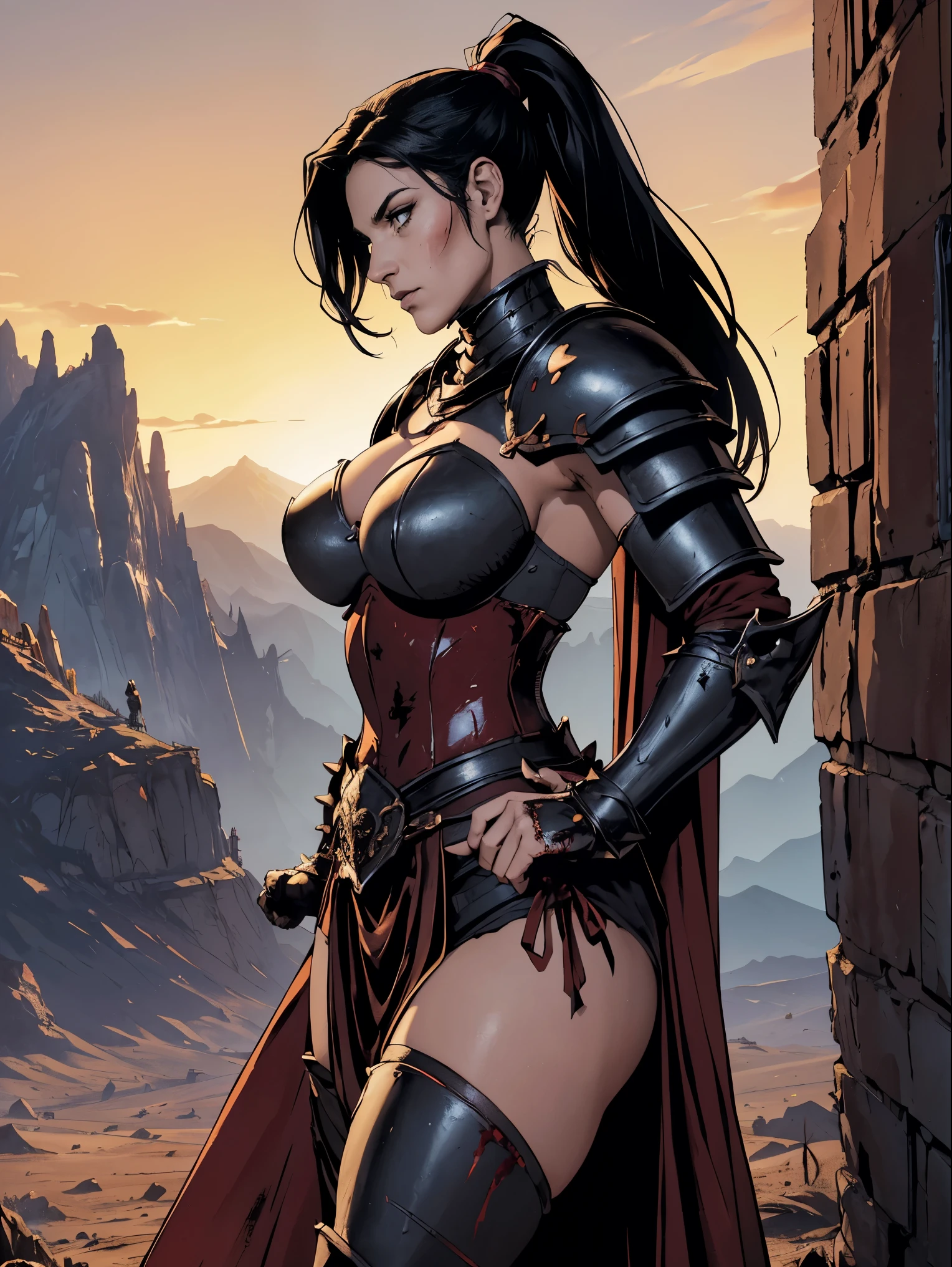 (masterpiece, top quality, best quality, official art, beautiful and aesthetic:1.2), (1girl:1.3), ((Sharp facial features, sharp features, hawkish features)), ((big hair, long black hair, ponytail)), big tiddy chaos warrior girl, extremely detailed, portrait, looking at viewer, solo, (full body:0.6), detailed background, full-body shot, (hot desert mountain theme:1.1), chaos warrior, (spiky helmet), charlatan, smirk, mysterious, swaying in mountains, armor, red metal, brass trim, long boots, dual axes, blood red fabric, pelvic curtain, loincloth, black leather, ((((heavy armor, blood, armored, , long legs, pelvic curtain, toned, muscular)))), cute belly button, toned tummy, slim waist, slim , long legs, medieval (mountain exterior:1.1) background, dark mysterious lighting, shadows, magical atmosphere, dutch angle