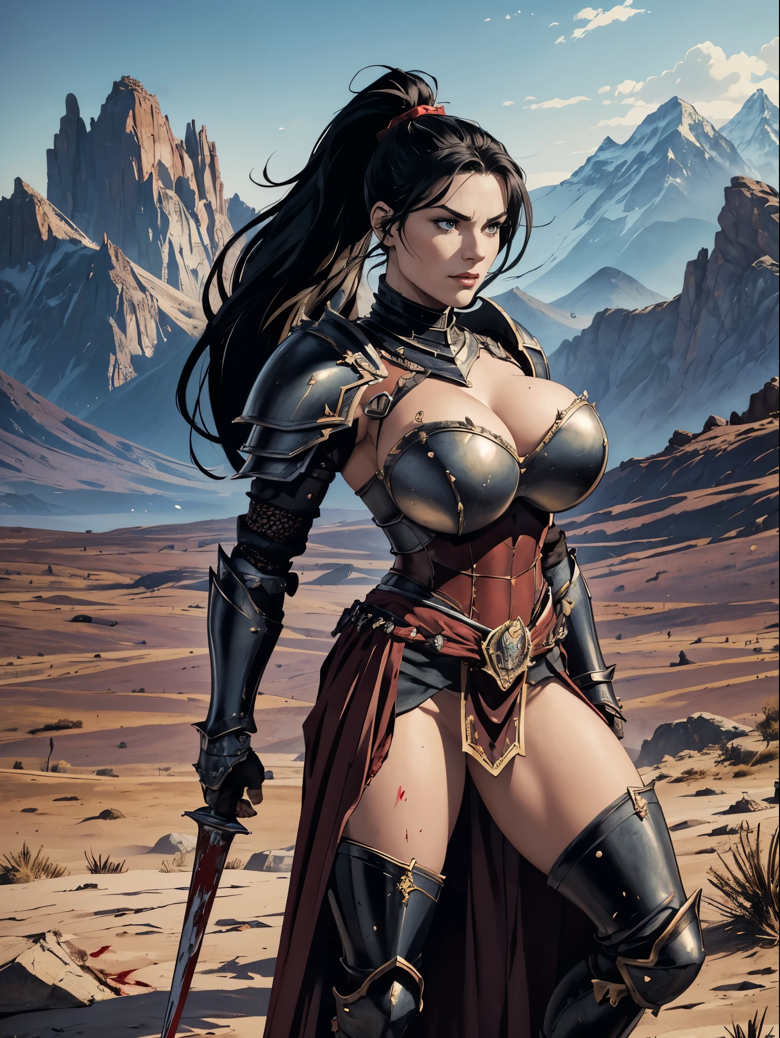 (masterpiece, top quality, best quality, official art, beautiful and aesthetic:1.2), (1girl:1.3), ((Sharp facial features, sharp features, hawkish features)), ((big hair, long black hair, ponytail)), big tiddy chaos warrior girl, extremely detailed, portrait, looking at viewer, solo, (full body:0.6), detailed background, full-body shot, (hot desert mountain theme:1.1), chaos warrior, (spiky helmet), charlatan, smirk, mysterious, swaying in mountains, armor, red metal, brass trim, long boots, dual axes, blood red fabric, pelvic curtain, loincloth, black leather, ((((heavy armor, blood, armored, gigantic breasts, long legs, pelvic curtain, toned, muscular)))), cute belly button, toned tummy, slim waist, slim hips, long legs, medieval (mountain exterior:1.1) background, dark mysterious lighting, shadows, magical atmosphere, dutch angle