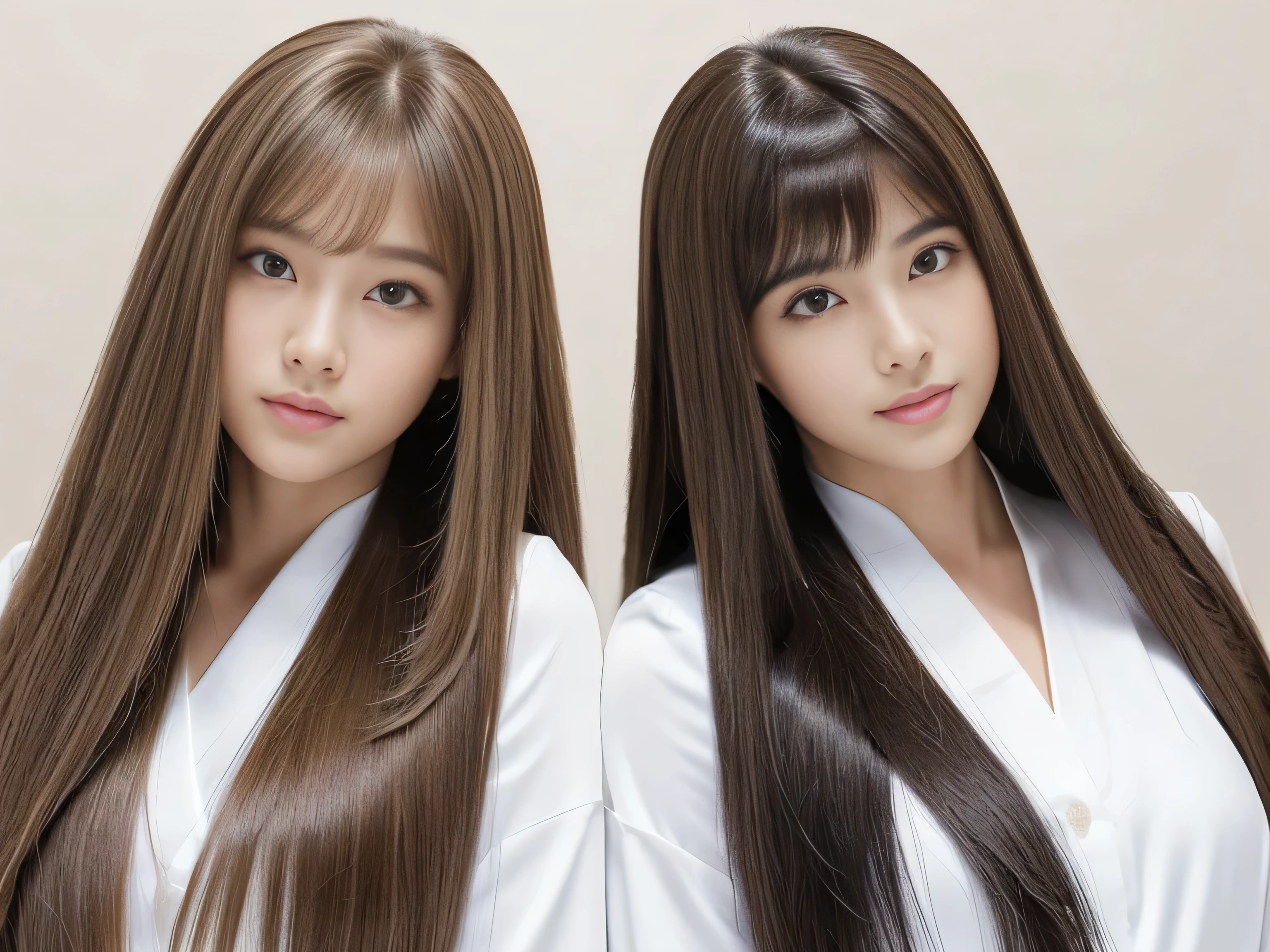 ((A close-up of the faces of both people, showing their entire faces and heads.)) (They are identical twins and are practically clones. Hairstyle、The hair color is the same Shoot in the same space) ((They pose facing the viewer and showing off their hair.:1.8)) (They look happy to see the viewers.) ((Beautiful 24 year old hair model with long light brown hair Fell straight down Reaches up to the kneeVery long hair highest quality Highest detail Reaches up to the knee、Very long hair that lasts forever:1.3 Flowing Hair 私ncredibly straight hair Very shiny そして thick hair Abnormally long hair that lasts forever Flowing Hair on both ends long hair up to the knees:1.2 long hair up to the knees:1.2 Thick and shiny hair Very free hair Abnormally long hair!!!!! Beautiful silky hair Beautiful and shiny hair Beautiful and shiny hair Beautiful silky hair Hair that grows to the knees Very very, Very long hair!!!!! Very very, Very long hair!!!!!)) (highest quality The best ultra-fine Reaches up to the knee、Very long hair that lasts forever Flowing Hair Her hair is gently permed Very shiny そして thick hair Abnormally long hair that lasts forever Flowing Hair on both ends long hair up to the knees:1.2 long hair up to the knees:1.2 Thick and shiny hair Very free hair Abnormally long hair!!!!! Beautiful silky hair Super long hair down to the knees Beautiful and shiny hair Beautiful and shiny hair Beautiful silky hair Hair that grows to the knees Very very, Very long hair!!!!! Very very, Very long hair!!!!!)) (Her bangs are perfectly trimmed and straight down.:1.3) ((Her hair color is light brown:1.5)) (Pure white wall background:1.8 Pure White Sofa) (Japan'The sexiest and most beautiful 24 year old model) (She looks at the viewer with a very seductive expression......) ((highest quality)), ((masterpiece)), (Familiar) (Get used to it) Perfect Face (Her skin is a typical Japanese skin color.. And very detailed) (Big Breasts:1.3) (She is wearing a shiny white camisole.) (She has a beautiful face and a typical Japanese figure...., Narrow eyes) (She has perfect 美しい and sexy makeup and face Lipstick is light red A solid eyeliner) ((Rich 1.4)) (Extremely detailed 8K) (Ultra-fine skin texture 1.4) (Actual, Vibrant:1.4), double eyelid Sharp focus:1.2、Beautiful woman:1.4 Dynamic Lighting (Genuine RAW photos taken by professional photographers) Professional Hair Shine. (She has a bright and cheerful face) (Her face is slim and dignified.., length, Narrow eyes..々Nice face)
