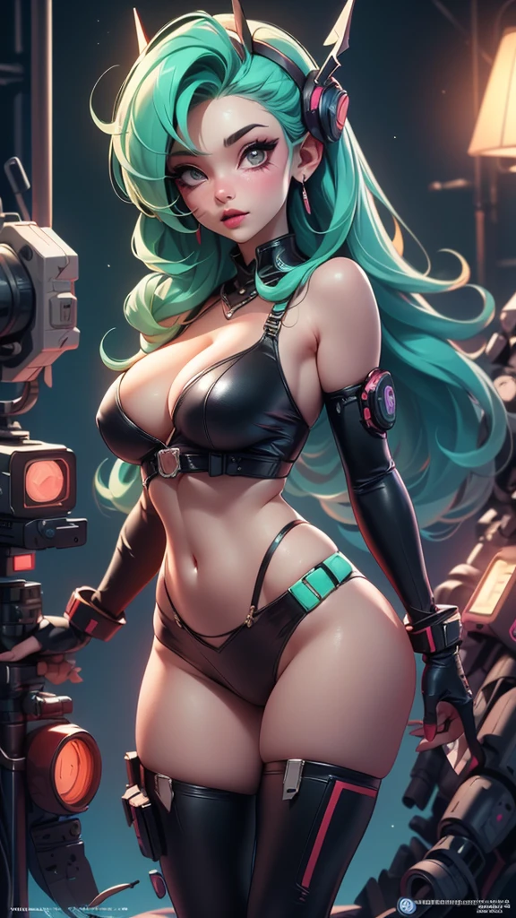 ((best quality, Optimal resolution, Award-winning portrait, official art)), ((perfect masterpiece)), ((Practical)) and super detailed photography of 1nerdy cyberpunk girls with gothic and post-apocalyptic overtones. she has ((Mint long hair)), apparel （Cyberpunk tech clothing top) There is still one (Cyberpunk technical clothing bottoms:1.2) , ((most beautiful、The sexiest aesthetic)),Huge breasts:1.4，Full, straight breasts，Showing cleavage，Nipple protrusion，Belly button，Thigh straps，Red clothes，No thongs