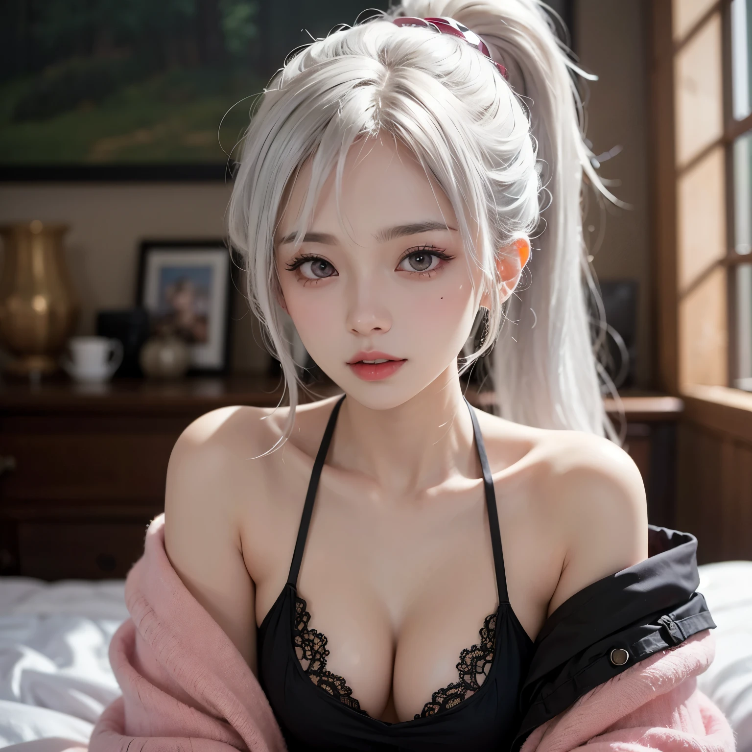 ((best quality)), ((masterpiece)), (detailed), perfect face. White hair. Ponytail. Anime girl. Asian girl. Pink eyes. Ulzzang. Nipple.