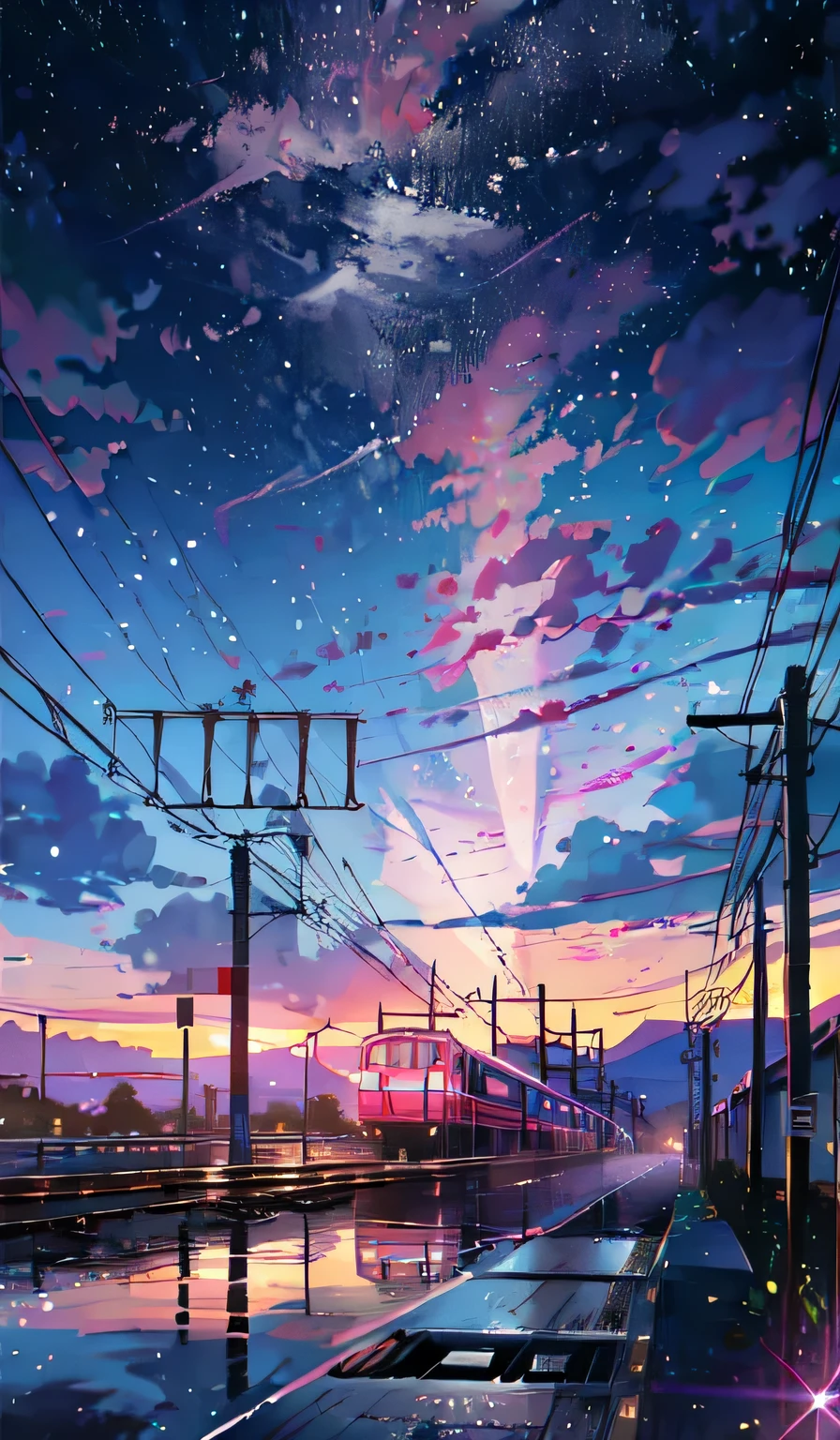 Cartoon train crossing tracks with sky background,A high school girl walking along the sidewalk next to the railroad tracks,Beautiful back view, A beautiful and harmonious scene, Exquisite animations, Rich details (Width is 672), high quality, Vivid 4K, Artistic 4k wallpapers, Amazing anime scenery, 8k art wallpaper.Include a depiction of a beautiful high school girl walking along the sidewalk beside the moving train. Capture her from behind, showcasing her entire figure as she enjoys a leisurely stroll. Ensure to portray the scenery of the train's surroundings and the girl's presence as a harmonious yet contrasting element within the composition.
