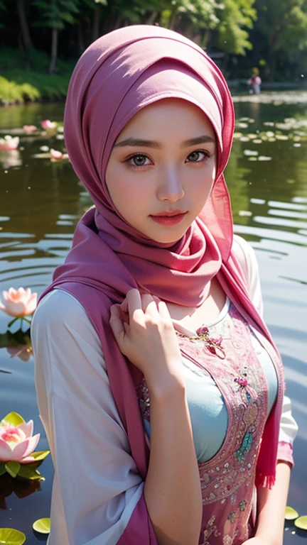 a gorgeous indonesian hijab girl in a misty mountains and lotus pond, cherry blossoms, perfect face, scarf, necklace, bracelet, detailed detail, real skin texture, best quality, ultra sharp,