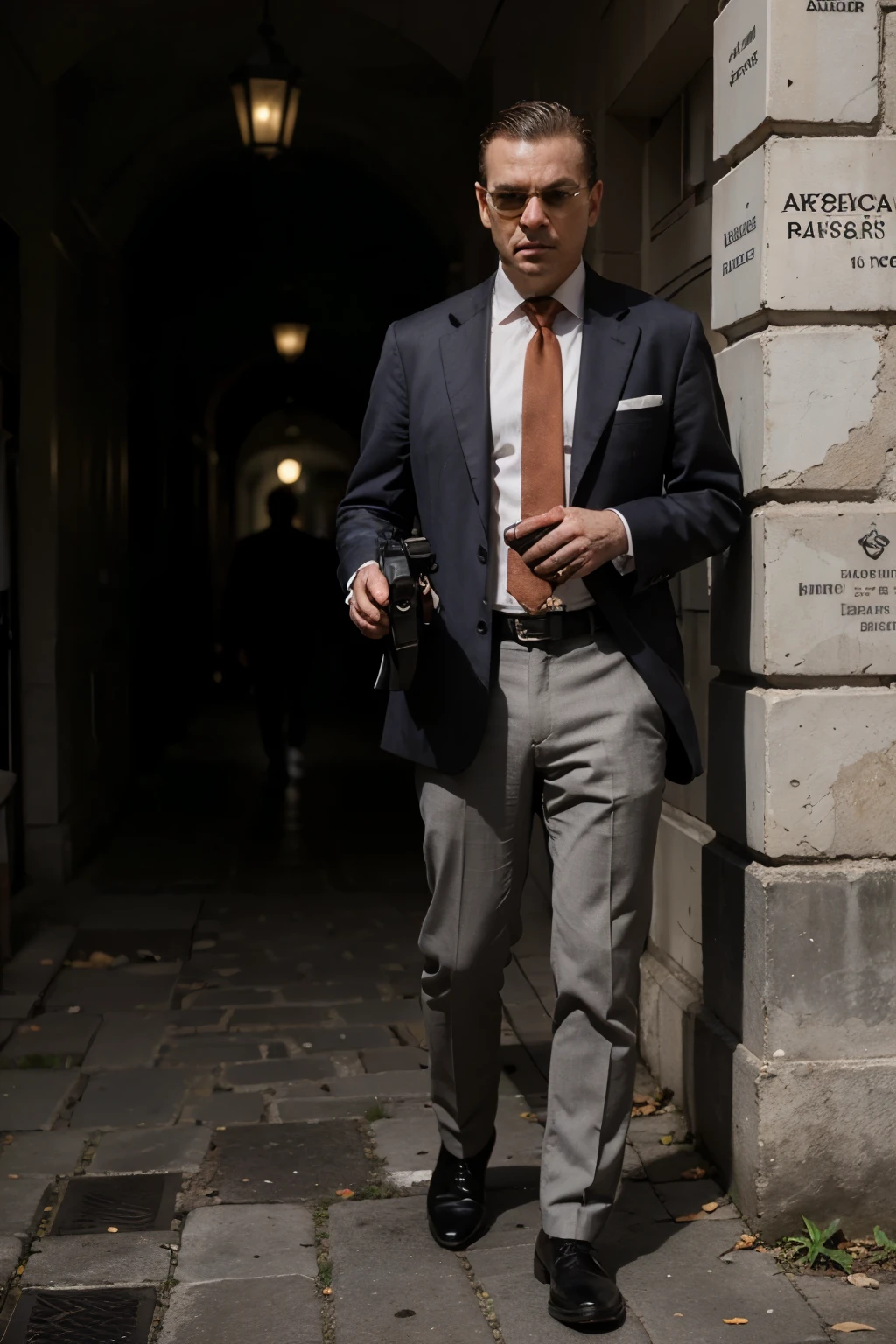 mafia character Hiding in the shadows of a cobblestone street, with suit and gun in their hands, comic book art style 16:9 ratio