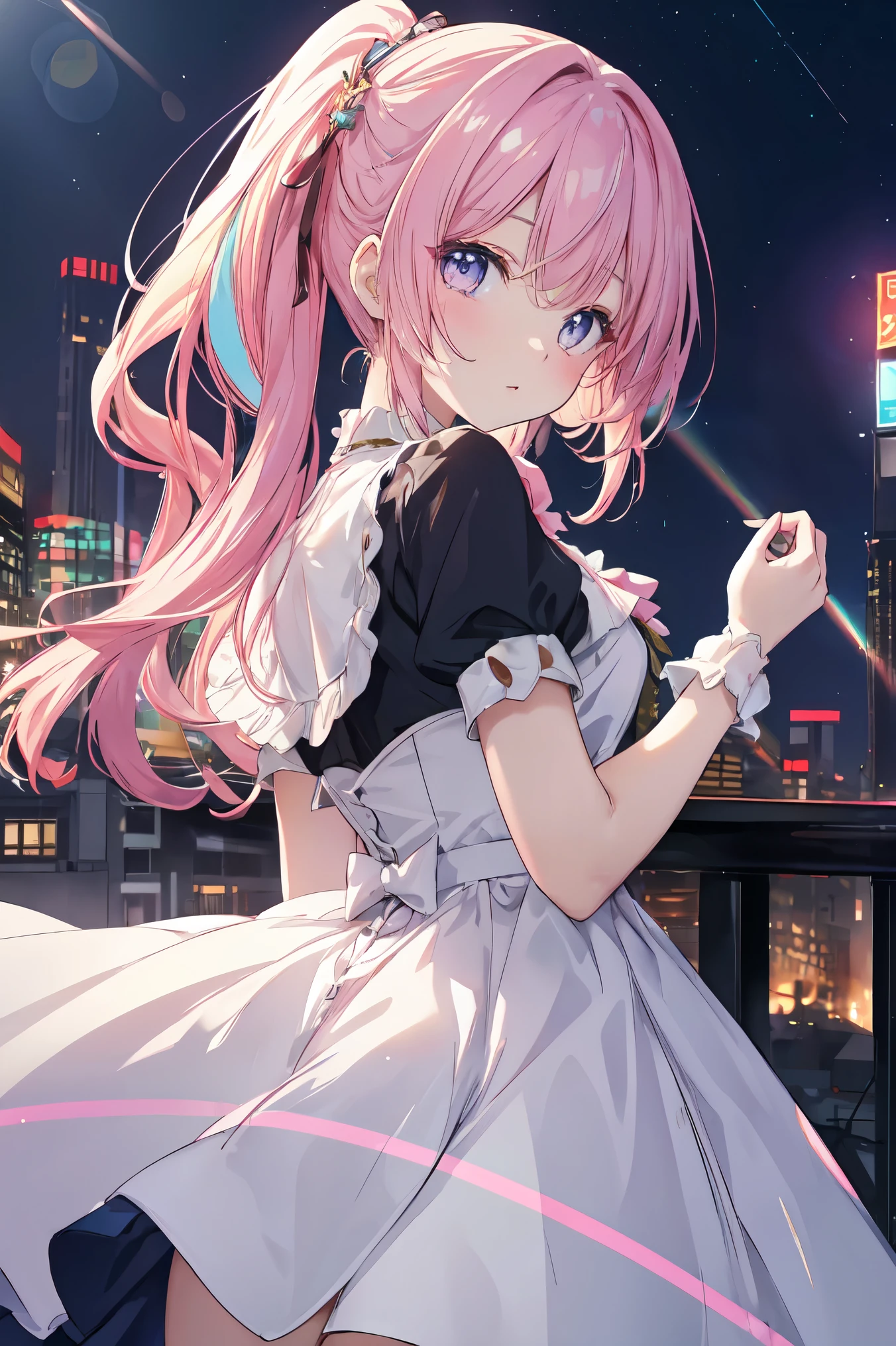 Absurd, High resolution, (Anime Style:1.1), ((Tabletop)), ((highest quality)), (Very detailed), (beautiful), alone, beautiful face、(lift),、beautiful Fine Star々、Cute girl in cute clothes standing on high hill、私はとてもbeautifulです, Delicate and detailed urban night view、1 girl、beautiful colorful hair, Colorful eyes,Looking at the audience,Lens flare,dramatic, From the back、Whole Body Ezbian、Low Angle、Neon Light、Near future city