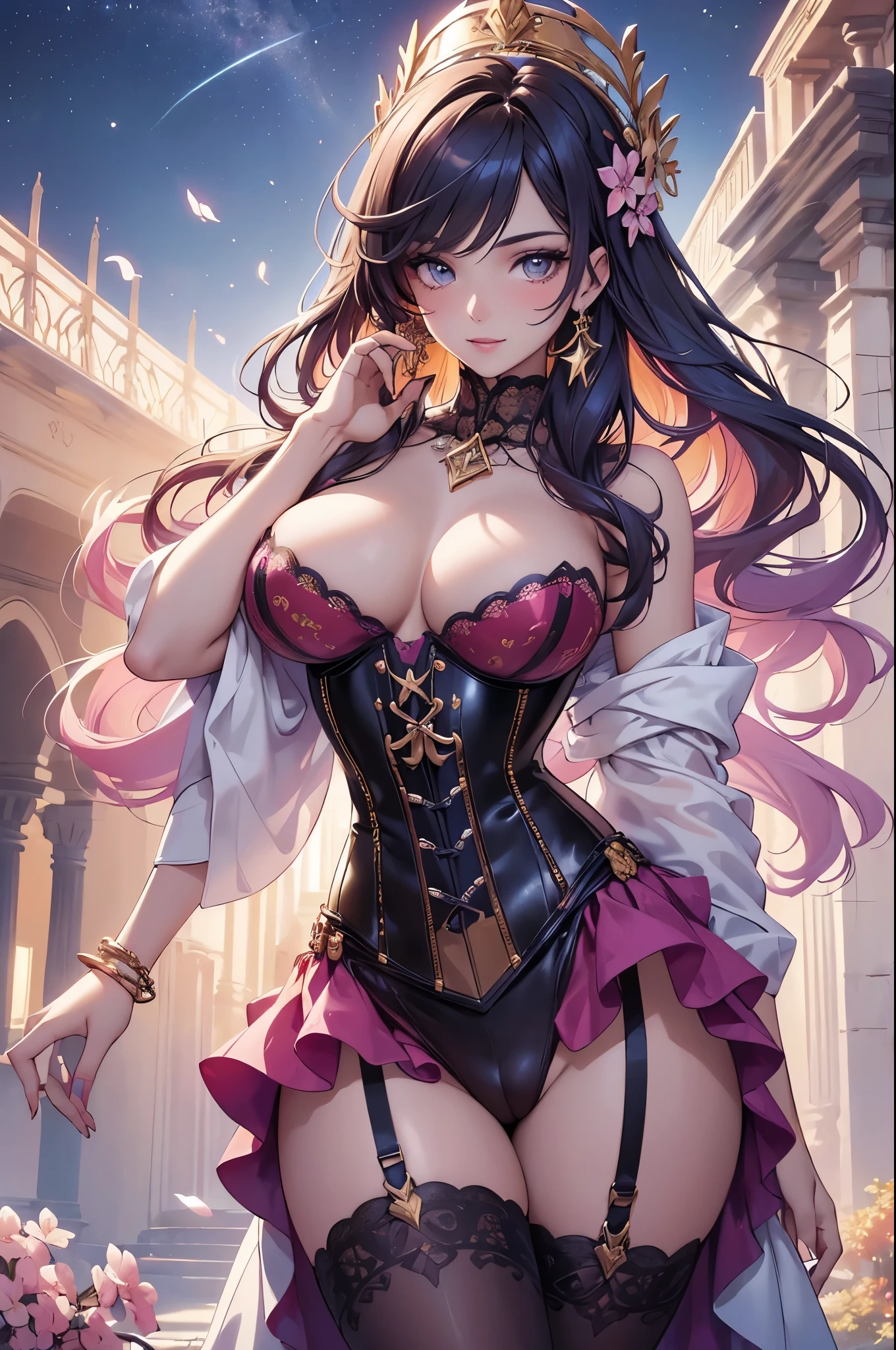 (nsfw:1.5),(best quality,4k,8k,highres,masterpiece:1.2),ultra-detailed,(realistic,photorealistic,photo-realistic:1.37),acrylic painting,(beautiful Spanish model with naked breasts:1.5),beautiful Spanish model with extremely colorful hair and detailed facial features,(beautiful Spanish model wearing a large colorful waist corset:1.5),beautiful Spanish model standing in a beautiful garden surrounded by a starry sky,(beautiful Spanish model with a colorful aroused naked pussy:1.5),beautiful Spanish model with intricate accessories and a matching hat,beautiful Spanish model posing gracefully with her hands on her hips,beautiful Spanish model with long flowing twintails,beautiful Spanish model with bright blue eyes and rosy lips,beautiful Spanish model with a joyful expression,beautiful Spanish model in a dynamic pose with cherry blossoms falling around her,beautiful Spanish model surrounded by colorful flowers and butterflies,beautiful Spanish model adorned with cute bows and lace details,beautiful Spanish model with a beautiful smile,beautiful Spanish model with soft, pastel-colored shading,beautiful Spanish model with a magical glow illuminating her,beautiful Spanish model in a picturesque setting with a winding path leading to a magnificent castle,beautiful Spanish model with a fairytale-like background,beautiful Spanish model with a soft, dreamy atmosphere,beautiful Spanish model with a subtle bokeh effect,beautiful Spanish model standing under a moonlit sky,beautiful Spanish model with a warm, golden sunset in the background,beautiful Spanish model surrounded by twinkling stars and colorful nebulae,creating an ethereal and captivating artistic masterpiece.