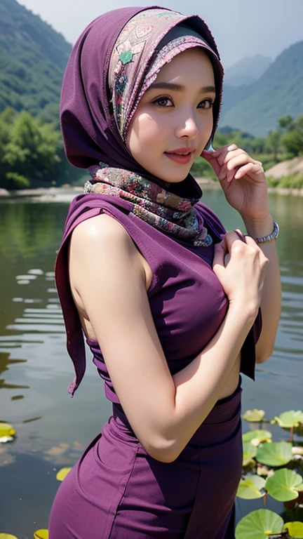a gorgeous indonesian hijab girl in a misty mountains and lotus pond, cherry blossoms, perfect face, scarf, breast, necklace, bracelet, detailed detail, real skin texture, best quality, ultra sharp,