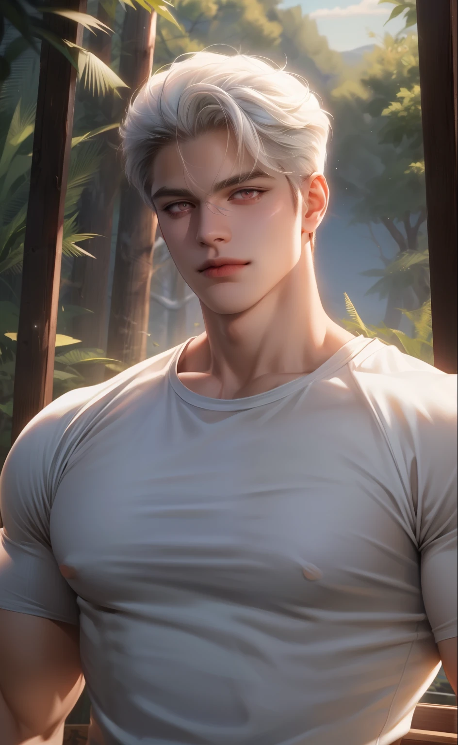 ((Best quality)), ((masterpiece)), 8k (detailed), ((perfect face)), ((halfbody)) perfect proporcions, He is a handsome vampire, he has lilac short hair, white skin, he wears jewelry on his neck, he has bare chest and arms, he has silver scales on his shoulders, he is in a lake, there is a forest with a lake at night ((perfect face)) halfbody ((fantasy ambience)) wearing trunks, om