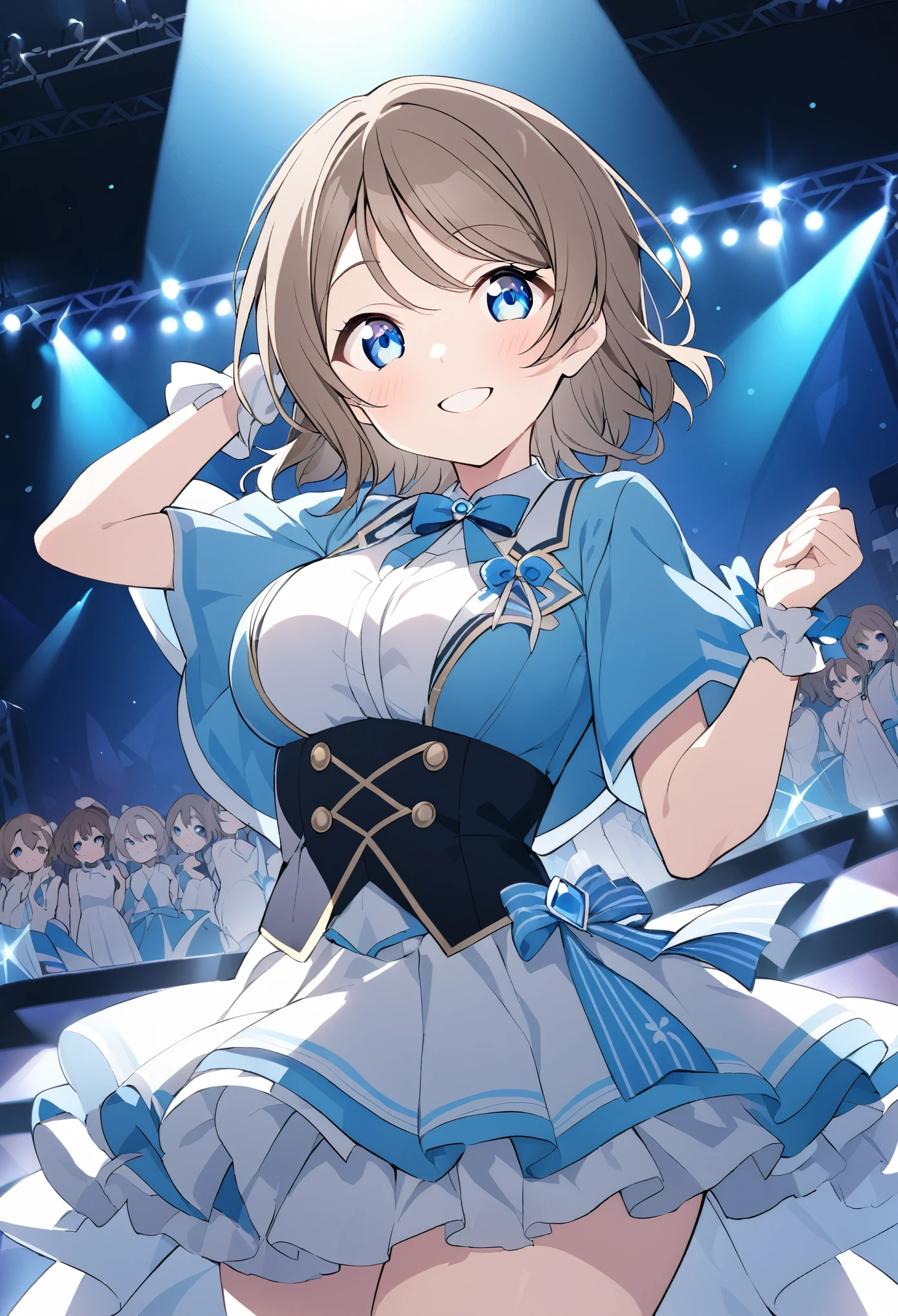 YOU WATANABE, SHORT HAIR, BLUE EYES, BROWN HAIR,,　, live stage, large Breasts, Formal dress smile　solo,