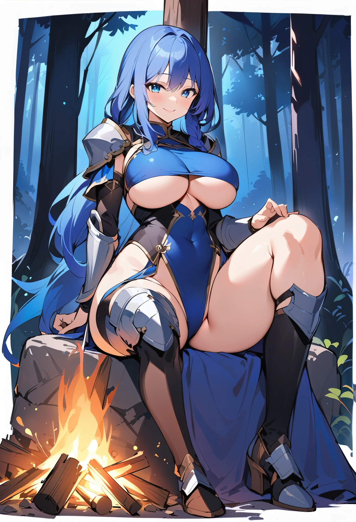 solo、high quality、high resolution、big breasts、deep blue hair、(((one Braided long hair)))、blue eyes、((Underboob))、(Chinese style metal armor)、beautiful blue eyes 、kind、smile、((high leg armor)、breast enhancement、Has a spear、in the forest、watching the bonfire、sit、night、Camping in a medieval forest