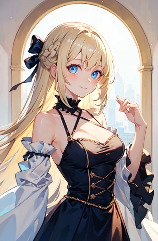 ultra detailed, masterpiece, best quality, solo, soft smile, light smile, portrait, 
1girl, blue eyes, very long hair, blonde hair, long blonde hair, french braid, bangs, medium breasts,
hair ribbon, frilled choker, criss-cross halter, sleeveless dress, high-waist skirt, backless dress, waist bow, detached sleeves, frilled sleeves, wide sleeves, 