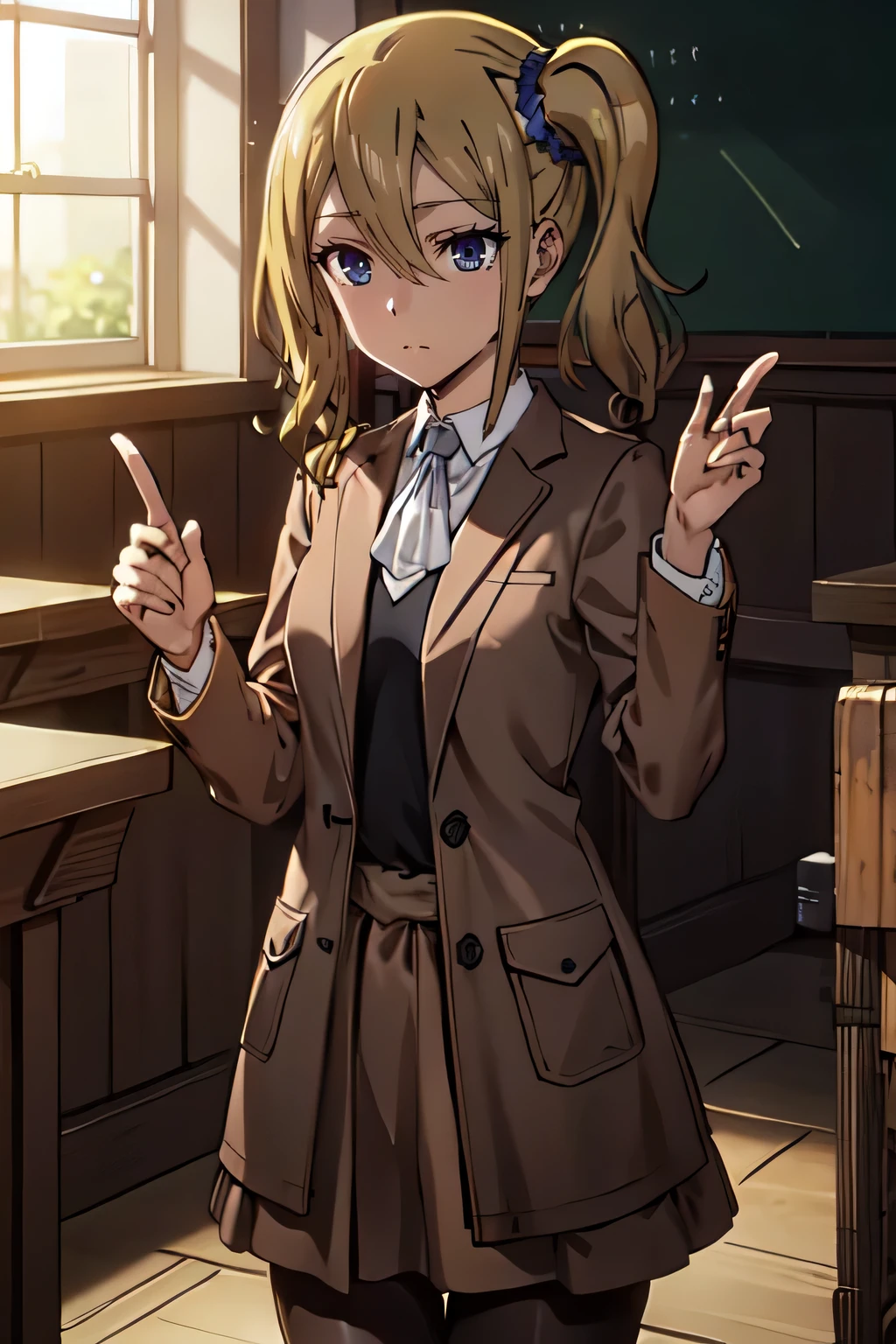 maisakurajima, mai sakurajima, long hair, bangs, (black hair:1.5), hair ornament, (purple eyes:1.1), hairclip, rabbit hair ornament,
BREAK skirt, shirt, , white shirt, short sleeves, pantyhose, pleated skirt, collared shirt, blue skirt, black pantyhose, red necktie, jacket, (brown jacket:1.5),
BREAK indoors, classroom,
BREAK looking at viewer, (cowboy shot:1.5),