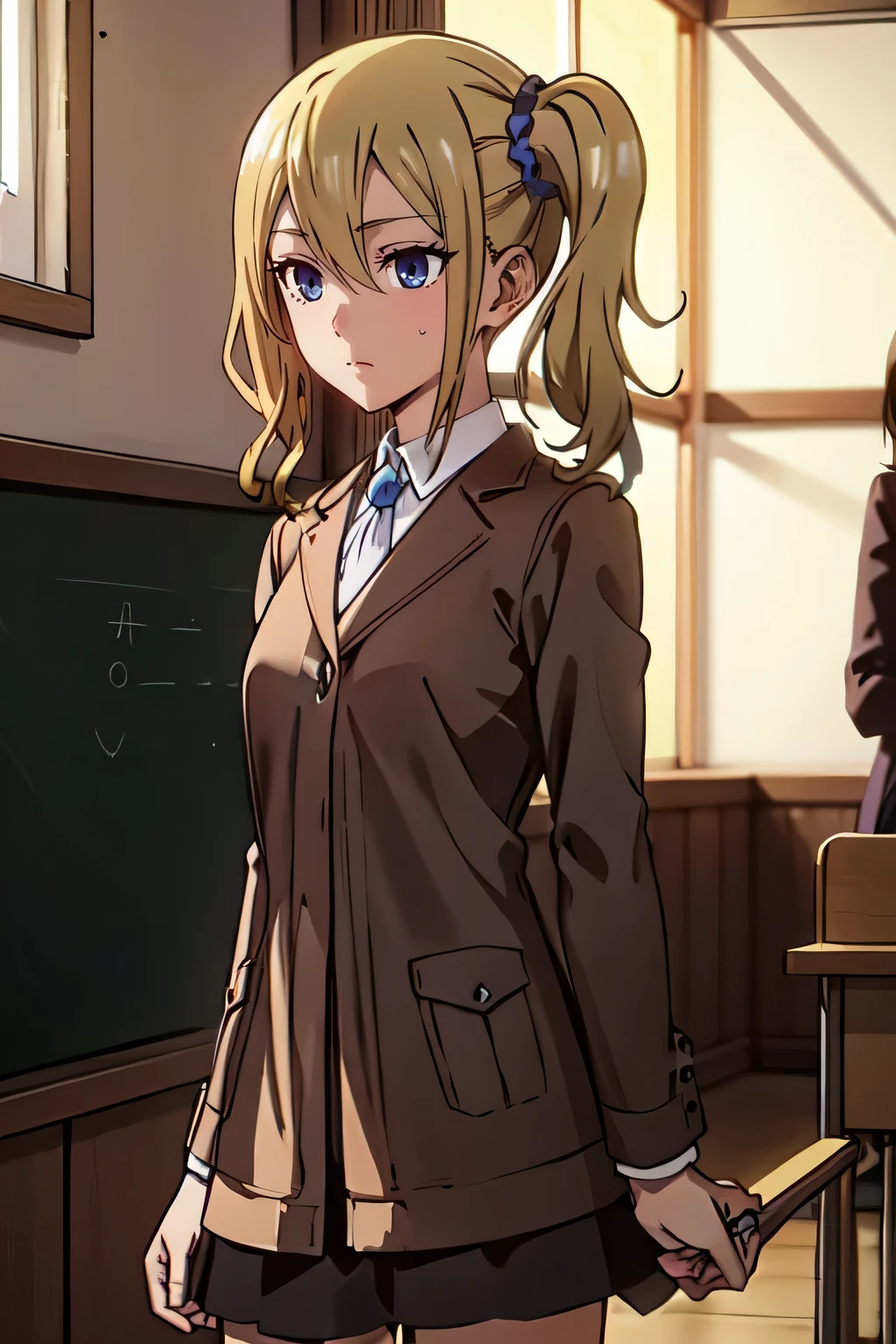 maisakurajima, mai sakurajima, long hair, bangs, (black hair:1.5), hair ornament, (purple eyes:1.1), hairclip, rabbit hair ornament,
BREAK skirt, shirt, , white shirt, short sleeves, pantyhose, pleated skirt, collared shirt, blue skirt, black pantyhose, red necktie, jacket, lift skirt, (brown jacket:1.5),
BREAK indoors, classroom,
BREAK looking at viewer, (cowboy shot:1.5),
BREAK (masterpiece:1.2), best quality, high resolution, unity 8k wallpaper,