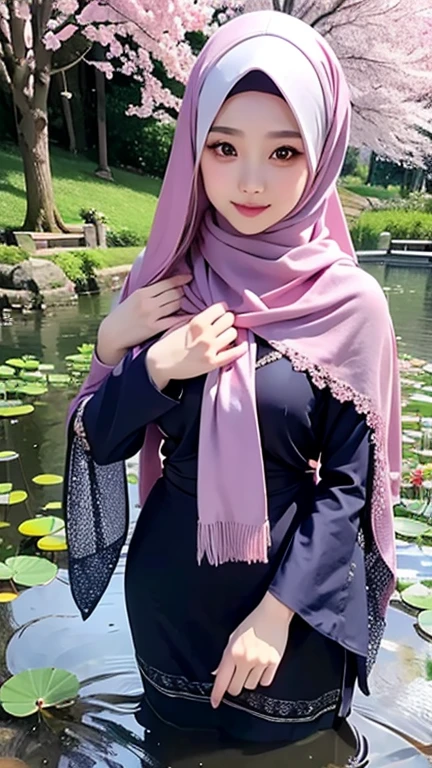 a gorgeous indonesian hijab girl in a misty mountains and lotus pond, cherry blossoms, perfect face, scarf, breast, necklace, bracelet, detailed detail, real skin texture, best quality, ultra sharp,