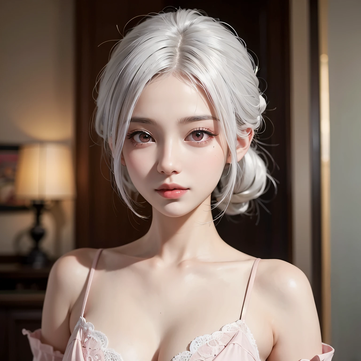 ((best quality)), ((masterpiece)), (detailed), perfect face. White hair. Ponytail. Anime girl. Asian girl. Pink eyes. Ulzzang. Nipple.