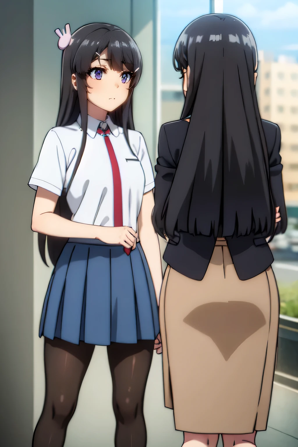 mai sakurajima, long hair, bangs, (black hair:1.5), hair ornament, (purple eyes:1.1), hairclip, rabbit hair ornament,
BREAK skirt, shirt, , white shirt, short sleeves, pantyhose, pleated skirt, collared shirt, blue skirt, black pantyhose, red necktie, jacket,