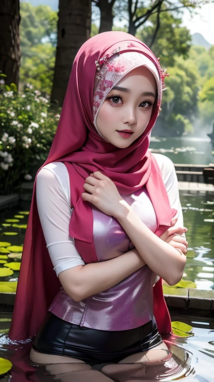 a gorgeous indonesian hijab girl in a misty mountains and lotus pond, cherry blossoms, perfect face, scarf, breast, necklace, bracelet, detailed detail, real skin texture, best quality, ultra sharp,