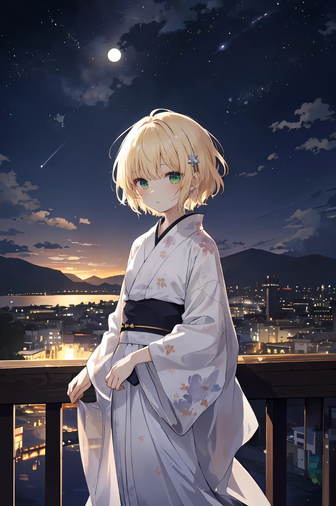 woman,  balcony, cloud, cloudy_null, star座, star座_printing, 三日moon_moon,  Milky Way, Slope_null, horizon, Home, island, landscape, Light,  Lights, Milky_method, moonLight, Mountain, Mountainous_horizon, night, night_null, nightgown,, Outdoor, loose_wood, alone,  star_\(null\), starry_background, wood, twiLight, yukata, Blonde, Green Eyes, short hair