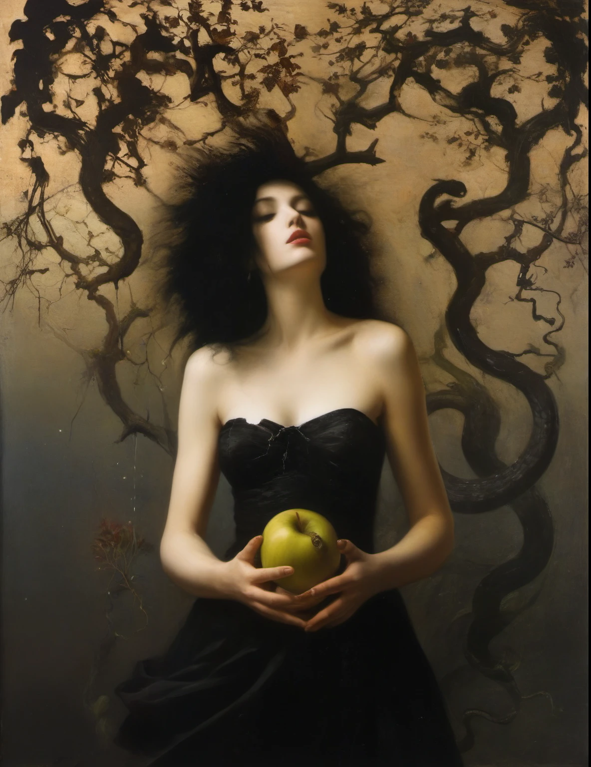 James Gurney, Surrealist art , dream-like, Mysterious, Provocative, symbolic, Complex, detailed,, (Gothic but very beautiful:1.4), (masterpiece, highest quality:1.4) , Nicola Samori Style, Eve, an apple, a snake , a tree