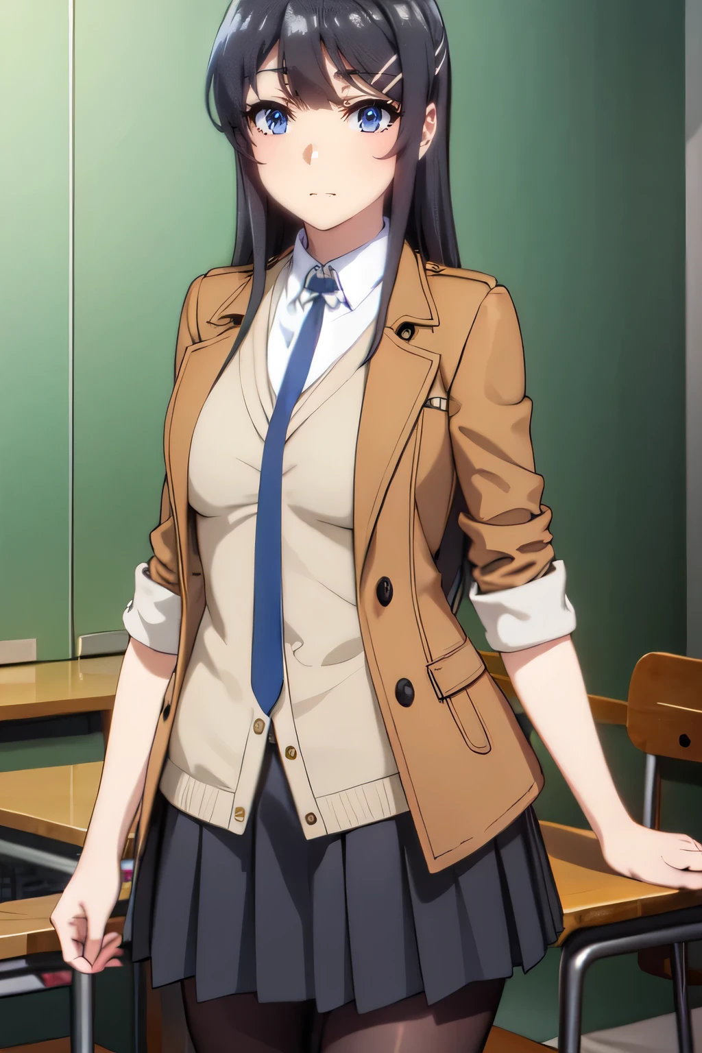 maisakurajima, mai sakurajima, long hair, bangs, (black hair:1.5), hair ornament, (purple eyes:1.1), hairclip, rabbit hair ornament,
BREAK skirt, shirt, , white shirt, short sleeves, pantyhose, pleated skirt, collared shirt, blue skirt, black pantyhose, red necktie, jacket, lift her skirt, (brown jacket:1.5),
BREAK indoors, classroom,
BREAK looking at viewer, (cowboy shot:1.5),
BREAK (masterpiece:1.2), best quality, high resolution, unity 8k wallpaper,