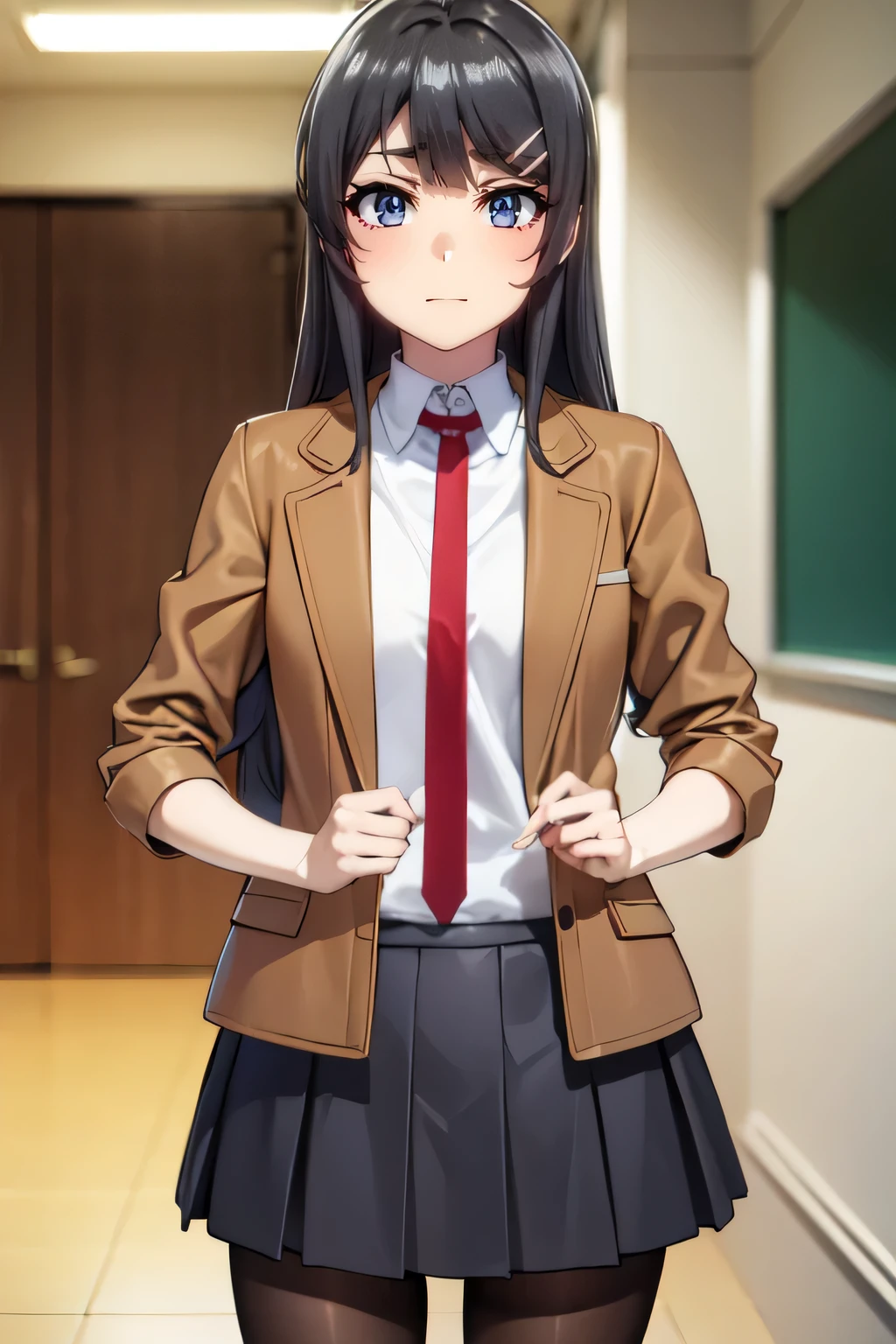 maisakurajima, mai sakurajima, long hair, bangs, (black hair:1.5), hair ornament, (purple eyes:1.1), hairclip, rabbit hair ornament,
BREAK skirt, shirt, , white shirt, short sleeves, pantyhose, pleated skirt, collared shirt, blue skirt, black pantyhose, red necktie, jacket, lift her skirt, (brown jacket:1.5),
BREAK indoors, classroom,
BREAK looking at viewer, (cowboy shot:1.5),
BREAK (masterpiece:1.2), best quality, high resolution, unity 8k wallpaper,